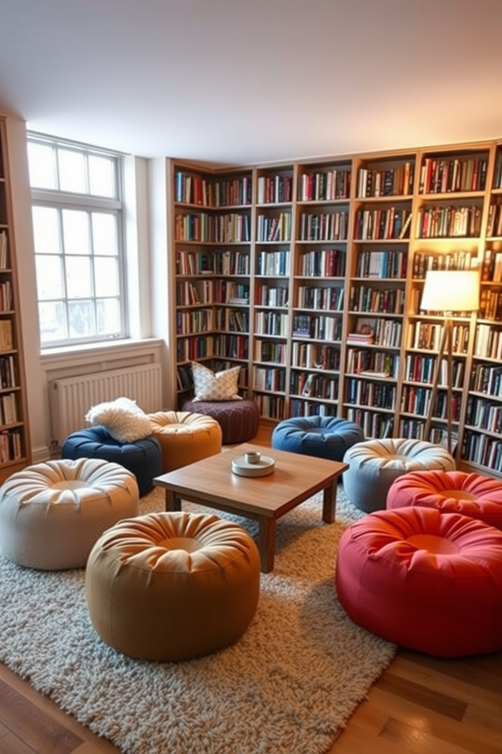 A cozy reading room featuring comfortable poufs arranged around a low wooden coffee table. The walls are lined with bookshelves filled with books, and a large window lets in natural light, creating an inviting atmosphere. The poufs come in various colors and textures, adding a playful touch to the space. A soft area rug anchors the seating area, while a floor lamp provides warm lighting for evening reading.