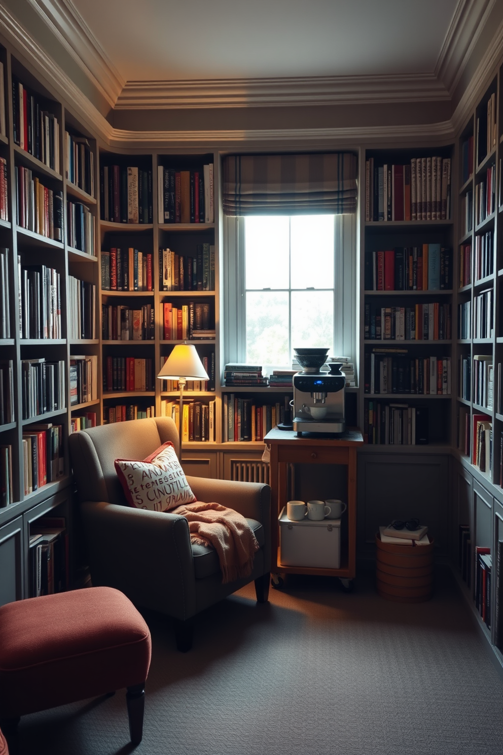 A cozy reading room featuring a small coffee station nestled in one corner. The room is filled with built-in bookshelves lined with books of various colors and sizes, complemented by a plush armchair and a warm throw blanket. The coffee station includes a sleek espresso machine on a wooden cart, with a selection of mugs and coffee accessories neatly arranged. Soft lighting from a floor lamp creates a welcoming atmosphere, while a large window allows natural light to illuminate the space.