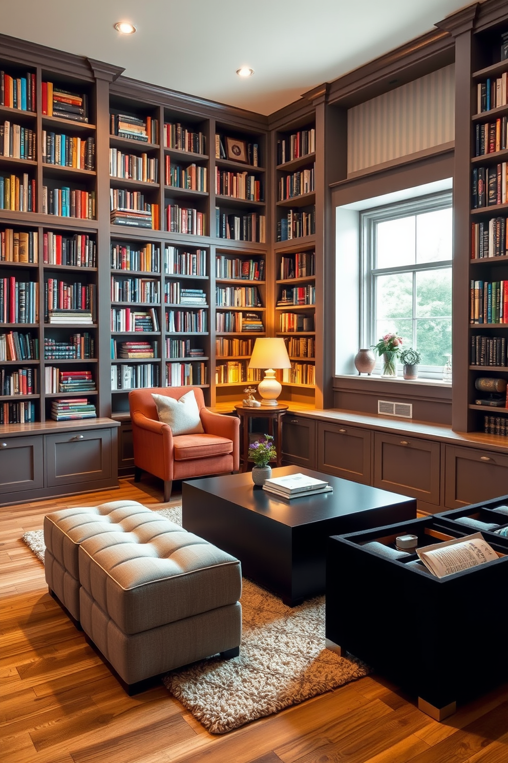 A cozy reading room features built-in bookshelves that stretch from floor to ceiling, filled with an array of colorful books. A plush armchair is nestled in the corner, accompanied by a small side table and a warm lamp to create an inviting reading nook. In the center of the room, a sleek coffee table sits atop a soft area rug, providing a perfect spot for a cup of tea or coffee. Hidden storage solutions, such as ottomans with compartments and cabinets beneath the shelves, keep the space organized and clutter-free.