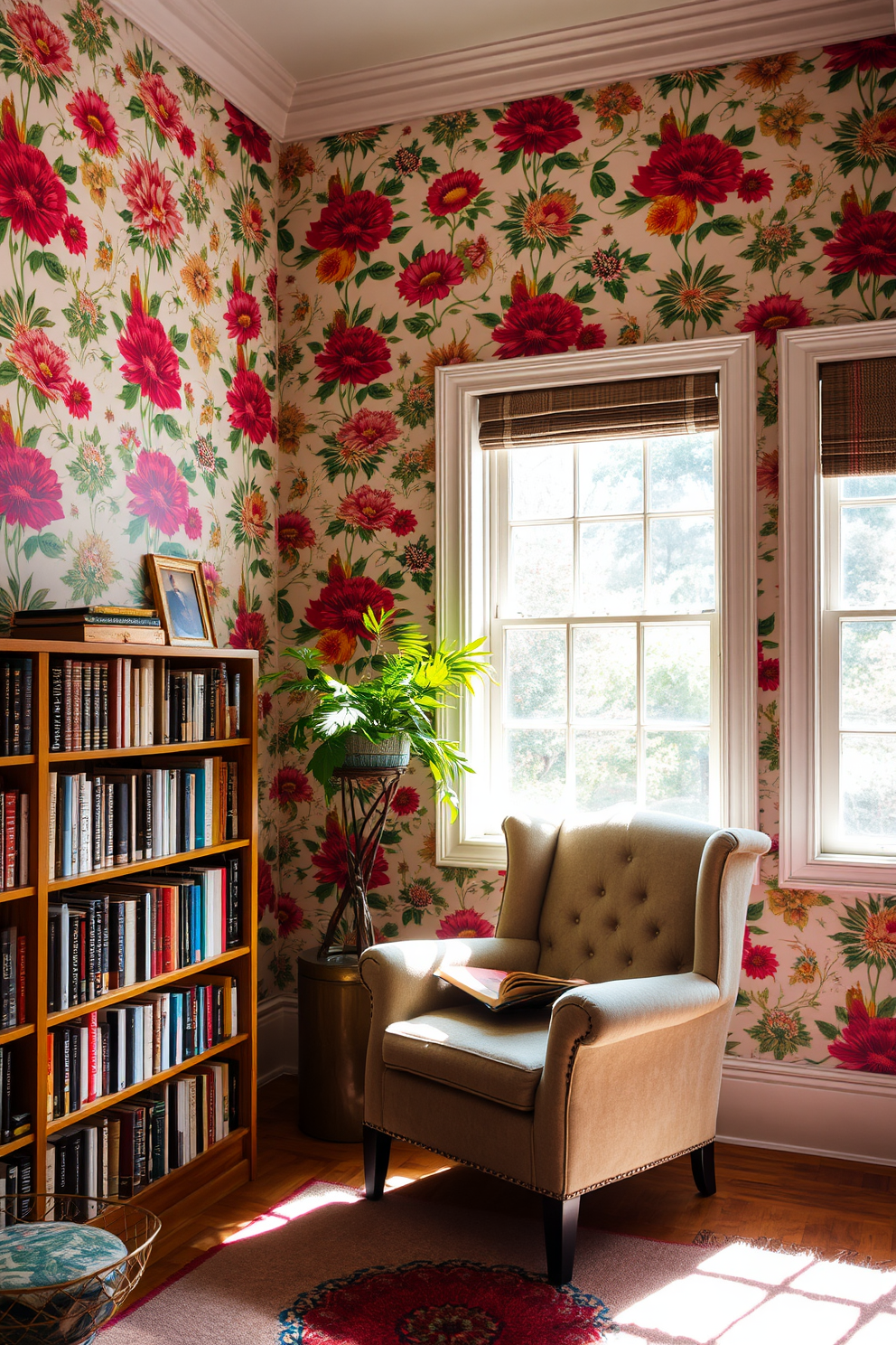 A cozy reading room filled with natural light. The walls are adorned with bold patterned wallpaper featuring vibrant floral designs that create a lively atmosphere. A plush armchair is positioned near a large window, inviting you to relax with a good book. A wooden bookshelf filled with an eclectic collection of books complements the striking wallpaper, enhancing the room's character.