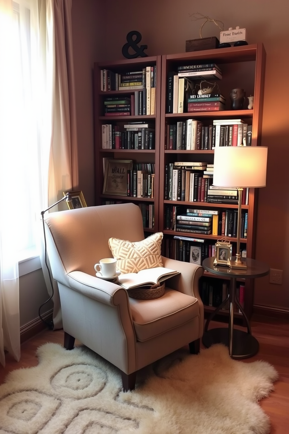 A cozy reading corner features a plush armchair upholstered in soft fabric, positioned next to a tall bookshelf filled with an eclectic mix of books and decorative items. A small side table holds a steaming cup of tea and a stylish lamp, providing warm light for evening reading. The walls are painted in a warm taupe color, creating an inviting atmosphere. A soft area rug lies beneath the chair, adding comfort and warmth to the space while a window with sheer curtains allows natural light to filter in softly.