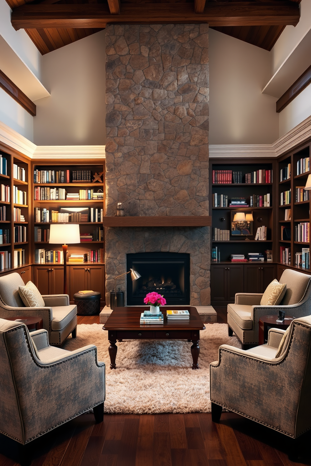 A cozy reading room featuring a large fireplace with a stone surround as the focal point. Comfortable armchairs are arranged around a wooden coffee table, with a plush area rug underfoot. Bookshelves line the walls, filled with a curated collection of books and decorative items. Soft lighting from a floor lamp and wall sconces creates an inviting atmosphere for reading and relaxation.