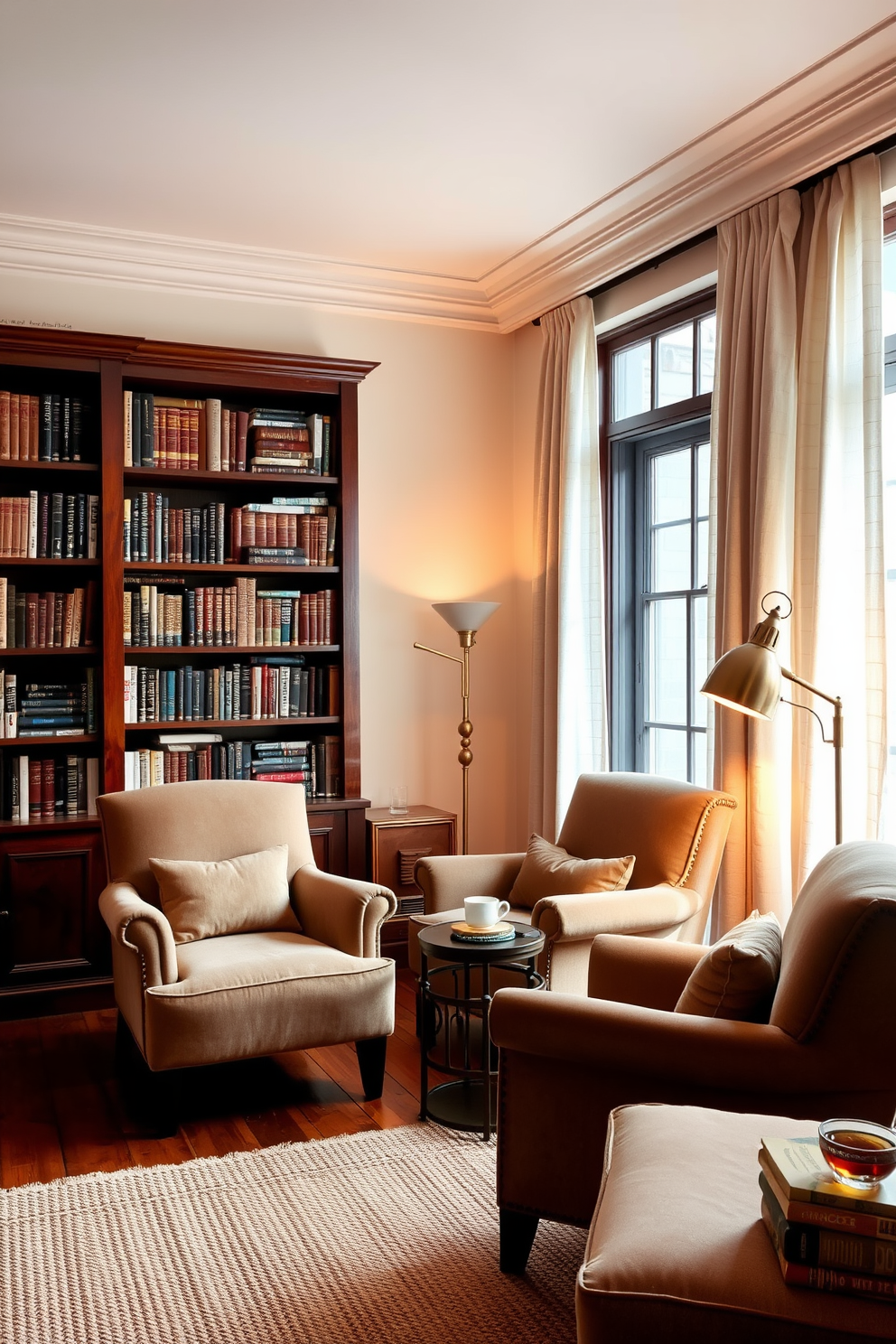 A cozy reading room with plush armchairs upholstered in soft velvet, complemented by a rich wooden bookshelf filled with an array of books. The walls are painted in a warm cream color, and a thick, woven rug adds texture to the hardwood floor. In one corner, a sleek floor lamp with a brass finish provides warm lighting, while a small side table holds a steaming cup of tea. Large windows draped with sheer linen curtains allow natural light to filter in, creating a serene atmosphere perfect for reading.