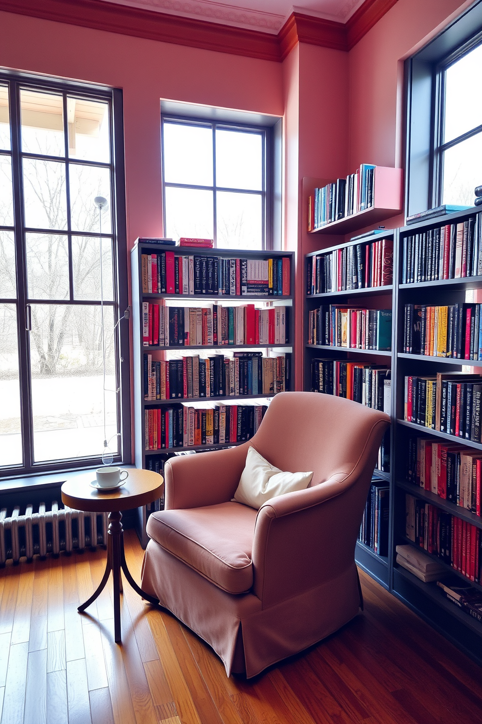 A cozy reading room filled with color-coordinated book displays. The shelves are arranged by hue, creating a vibrant gradient effect that draws the eye. A plush armchair in a soft fabric sits in the corner, accompanied by a small side table holding a steaming cup of tea. Large windows allow natural light to flood the space, highlighting the warmth of the wooden flooring.