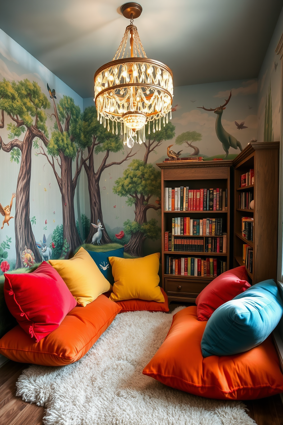 A whimsical fairy tale themed reading room features a cozy nook with oversized plush cushions in vibrant colors. The walls are adorned with hand-painted murals of enchanted forests and magical creatures, creating a storybook atmosphere. A vintage wooden bookshelf filled with fairy tale classics lines one wall, while a whimsical chandelier made of twinkling fairy lights hangs from the ceiling. A plush area rug in the shape of a cloud adds comfort underfoot, inviting readers to curl up with a good book.