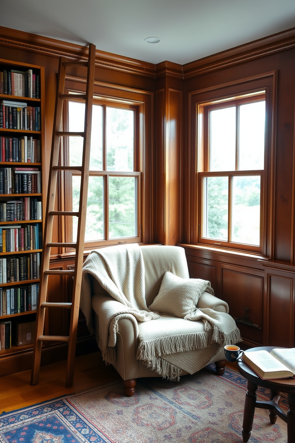 A cozy reading room featuring a rustic wooden ladder leaning against a bookshelf filled with an array of books. Soft natural light filters through large windows, illuminating a comfortable armchair nestled in the corner with a warm throw blanket draped over it. The walls are adorned with rich wooden paneling, creating a warm and inviting atmosphere. A small side table holds a steaming cup of tea, inviting you to relax and immerse yourself in a good book.