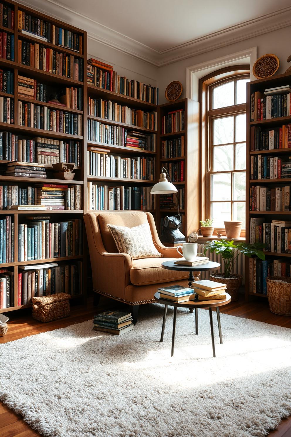 A cozy reading room featuring a soft area rug that adds warmth and comfort underfoot. The space is adorned with floor-to-ceiling bookshelves filled with an eclectic mix of books and decorative items. A comfortable armchair is positioned near a large window, inviting natural light to fill the room. A small side table holds a steaming cup of tea and a stack of well-loved novels, creating an inviting atmosphere for relaxation and reading.