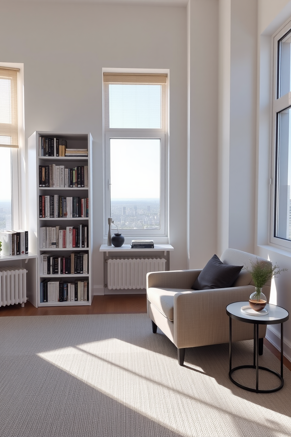 A serene reading room featuring minimalist design with clean lines. The space includes a sleek white bookshelf filled with neatly arranged books and a comfortable armchair in a neutral fabric. Natural light floods the room through large windows, highlighting the simplicity of the decor. A small side table holds a steaming cup of coffee and a decorative plant, adding a touch of warmth to the space.