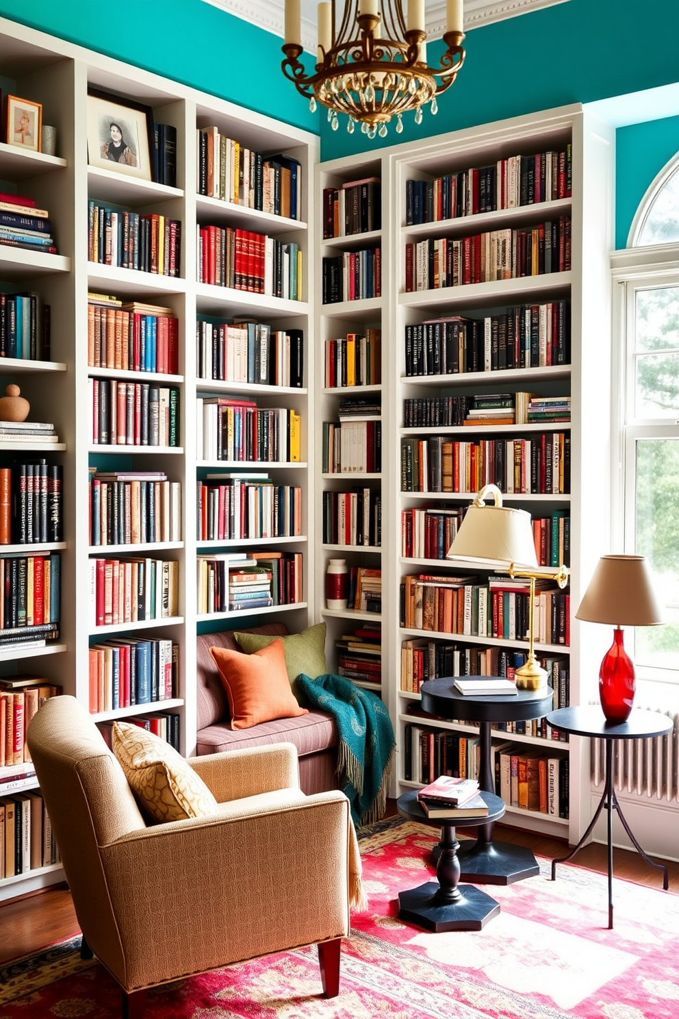 A vibrant reading room features a colorful accent wall painted in a bold turquoise hue. The space is filled with floor-to-ceiling bookshelves, showcasing an array of books and decorative items. A cozy reading nook is positioned near a large window, adorned with plush cushions and a soft throw blanket. A stylish armchair sits beside a small side table, perfect for holding a steaming cup of tea.