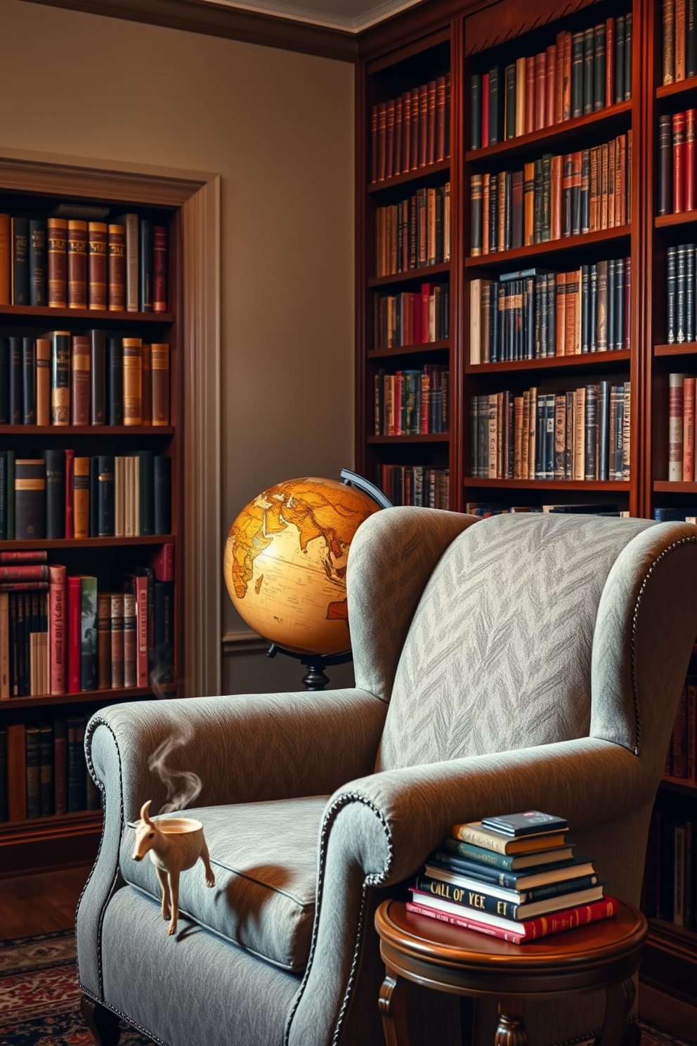 A cozy reading room featuring a vintage globe as a decorative piece. The room is filled with rich wooden bookshelves lined with classic literature, and a plush armchair sits invitingly in the corner. Soft, warm lighting creates an intimate atmosphere, highlighting the globe's intricate details. A small side table beside the armchair holds a steaming cup of tea and a stack of well-loved books.