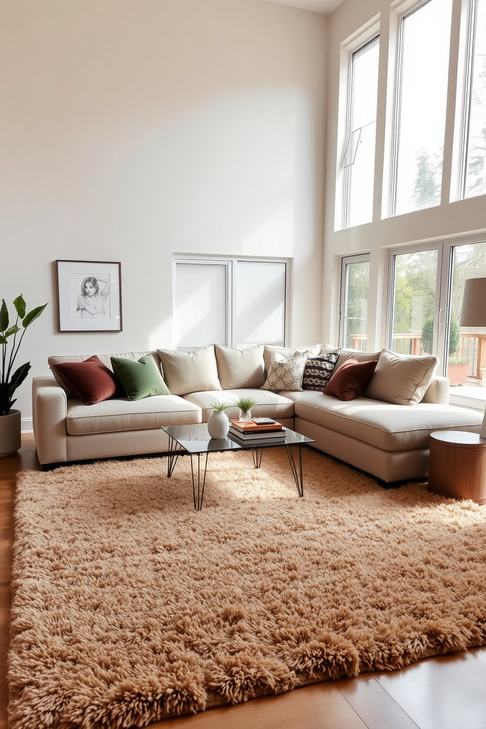 A cozy sectional sofa is positioned in the center of the living room, inviting relaxation and comfort. A large, plush rug anchors the space, featuring soft textures and a warm color palette to enhance the inviting atmosphere. The walls are adorned with soft, neutral tones that complement the sofa, creating a harmonious backdrop. Large windows allow natural light to flood the room, highlighting decorative cushions and a stylish coffee table in front of the sectional.