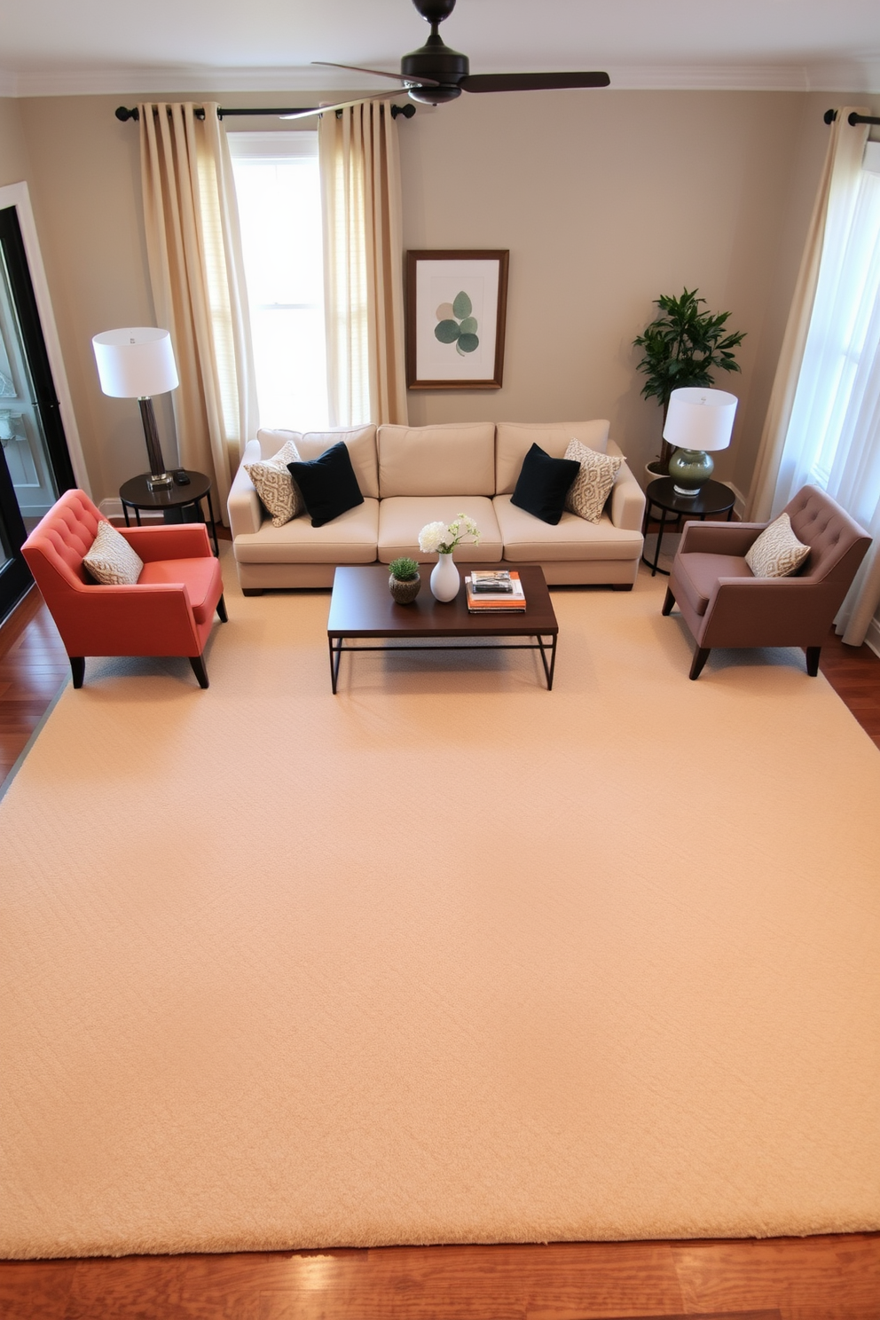 A cozy living room featuring a large area rug that defines the seating arrangement. The rug has a soft texture and a warm color palette, complementing the surrounding furniture. In the center, a plush sectional sofa is positioned around a stylish coffee table. Accent chairs in contrasting colors are placed on either side, enhancing the inviting atmosphere.