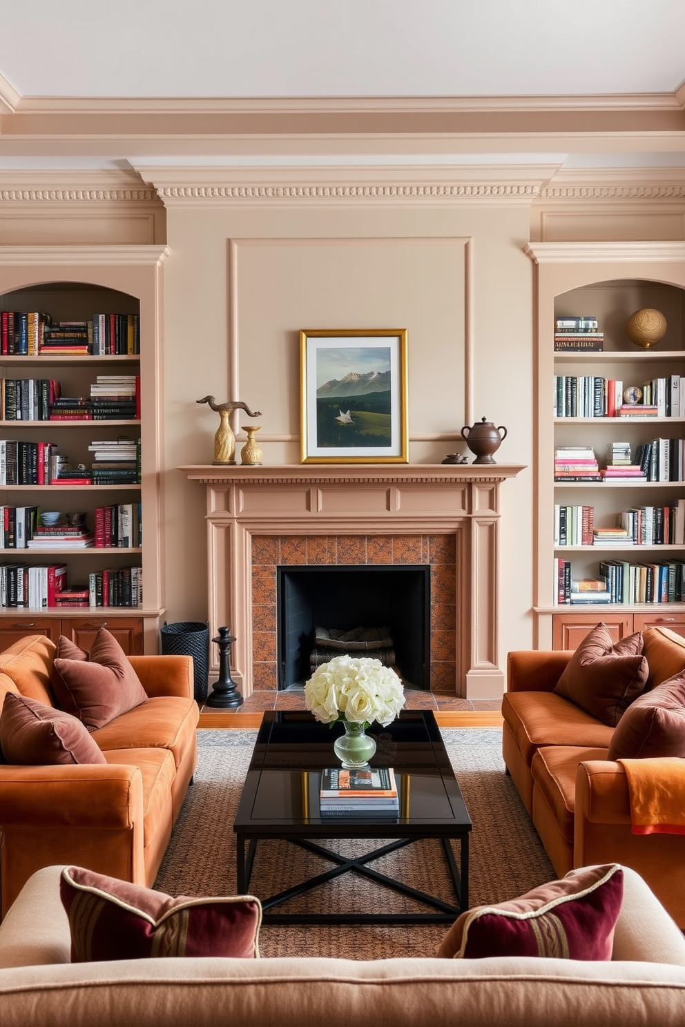 A cozy living room features bookshelves flanking a central fireplace. The shelves are filled with an eclectic mix of books and decorative objects, while the fireplace is framed with elegant molding and a warm mantel. The room is designed with a rectangular layout, emphasizing spaciousness and comfort. Plush sofas are arranged around a coffee table, creating an inviting area for conversation and relaxation.