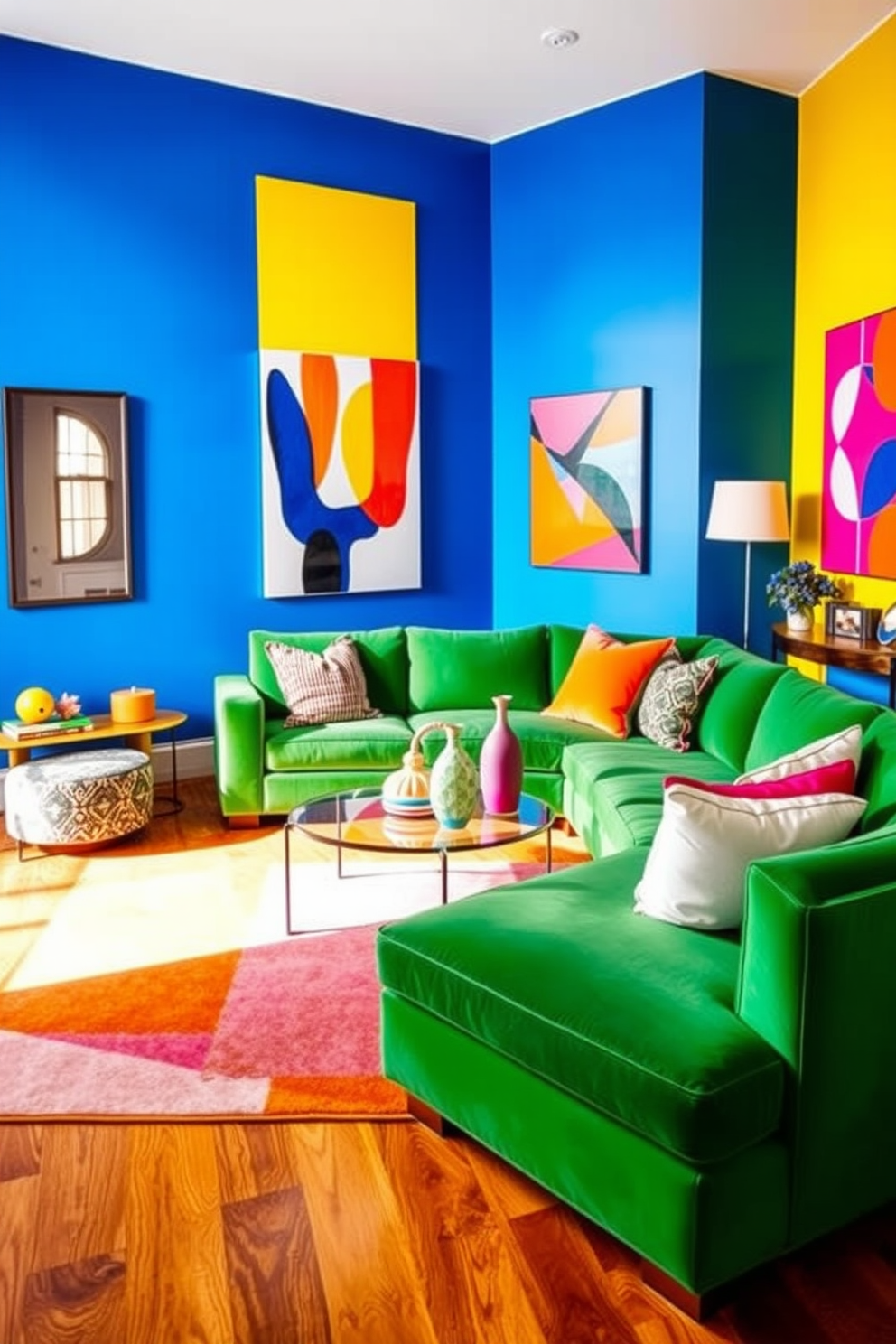 A vibrant living room filled with bold colors that energize the space. The walls are painted in a striking cobalt blue, complemented by a bright yellow accent wall. A large sectional sofa in a deep emerald green anchors the room, adorned with multi-colored throw pillows. A geometric area rug in shades of orange and pink adds a playful touch to the hardwood floor. Sleek modern art pieces hang on the walls, featuring abstract designs in vivid hues. A stylish coffee table with a glass top sits in the center, surrounded by unique decorative objects that enhance the lively atmosphere.