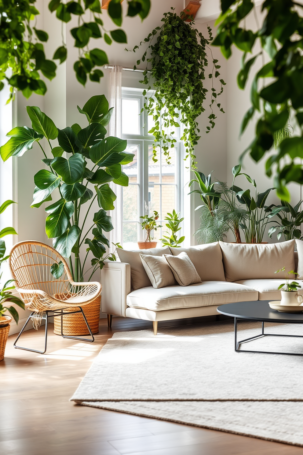 A cozy plant corner filled with lush greenery. A tall fiddle leaf fig stands beside a stylish rattan chair, creating a refreshing atmosphere. A rectangle living room design featuring a soft beige sectional sofa. The space is accented with a large area rug and a modern coffee table, enhancing the inviting ambiance.