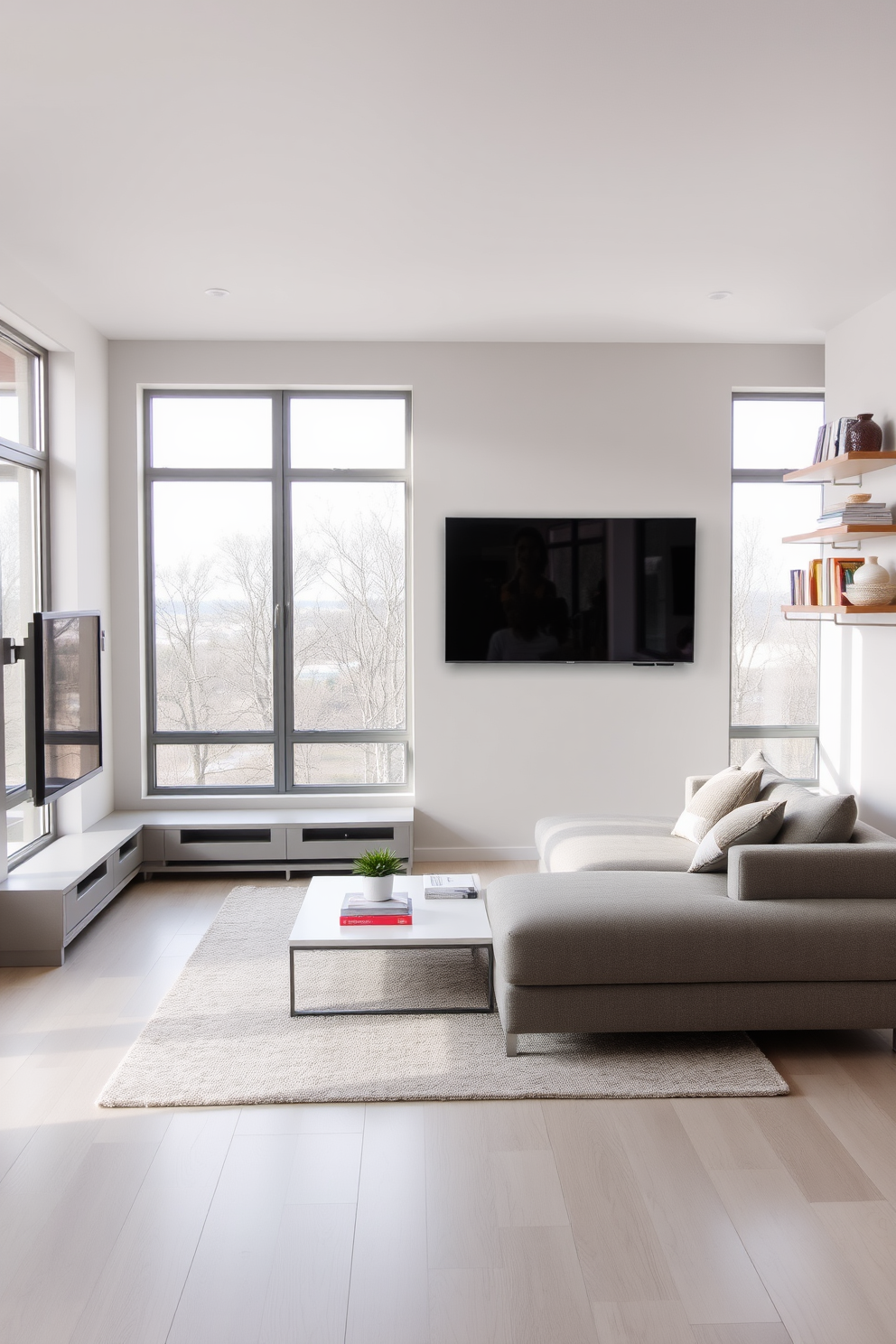 A modern living room features a wall-mounted TV that enhances the space-saving design. The room is furnished with a sleek sectional sofa and a minimalist coffee table, creating an inviting atmosphere. Large windows allow natural light to flood the space, highlighting the neutral color palette of soft grays and whites. Decorative shelves are mounted on the walls, showcasing books and art pieces for added character.