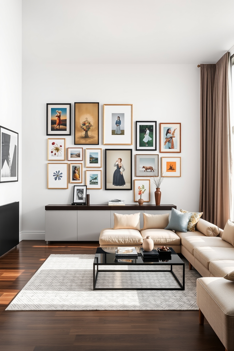 A gallery wall adorned with a curated collection of personal artwork, featuring a mix of framed paintings and photographs in various sizes. The wall is painted in a soft white hue to enhance the colors of the art, and a sleek console table sits below, displaying decorative objects and books. A rectangle living room design that emphasizes comfort and style, with a plush sectional sofa in a neutral tone facing a modern coffee table. Large windows allow natural light to flood the space, complemented by layered curtains in a soft fabric, creating an inviting atmosphere.