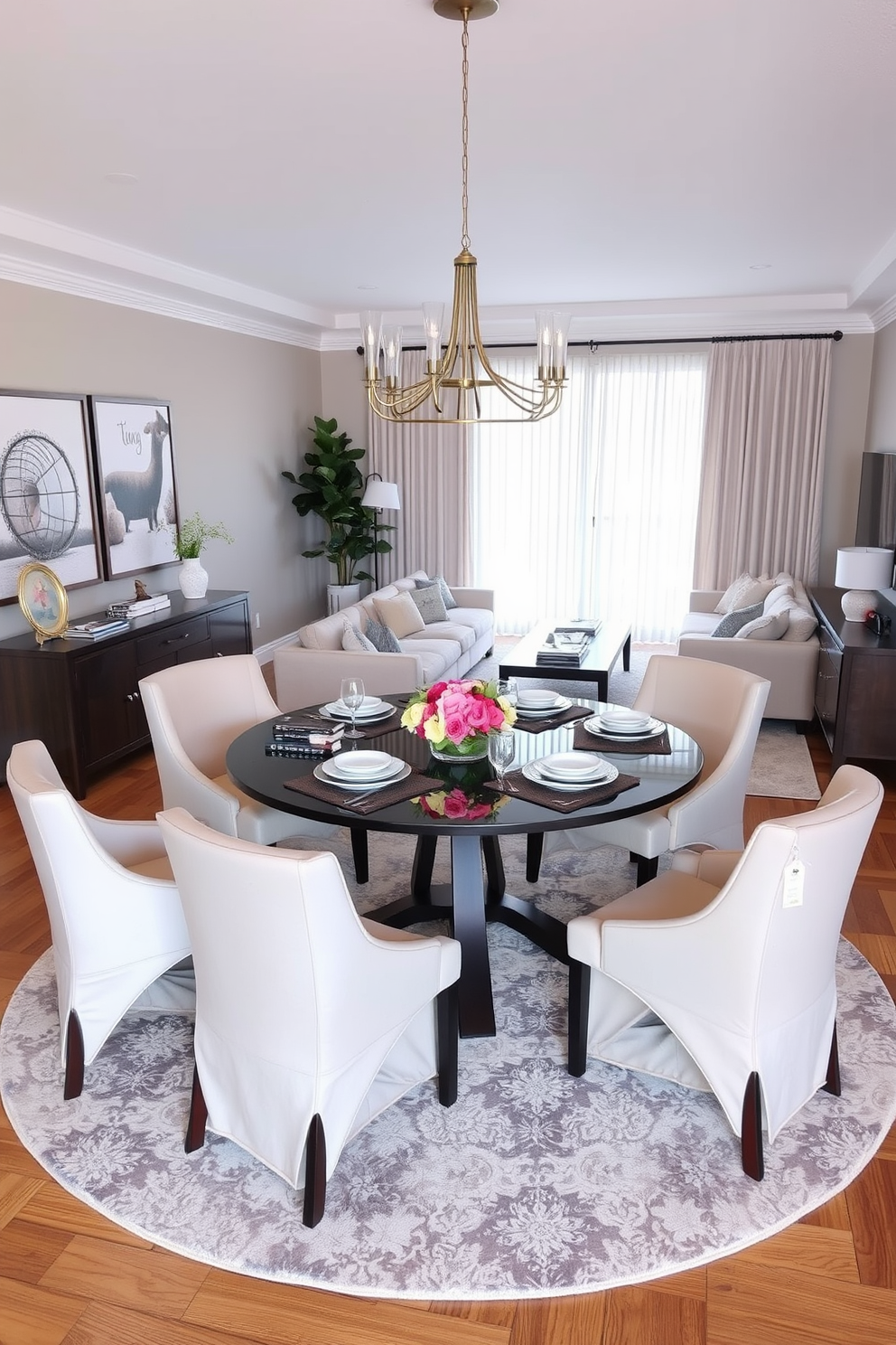 A round dining table set for small gatherings. The table is surrounded by upholstered chairs in a soft neutral fabric, with a centerpiece of fresh flowers. A cozy rectangle living room design featuring a plush sectional sofa. The room is accented with a large area rug, a coffee table with decorative books, and a stylish media console.