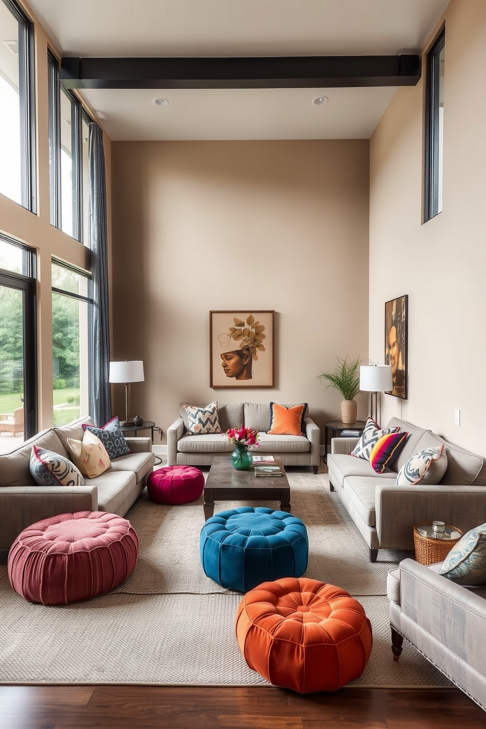 A cozy rectangle living room features flexible seating arrangements with colorful poufs and stylish ottomans scattered throughout the space. The walls are painted in a soft beige hue, and large windows allow natural light to flood in, enhancing the inviting atmosphere.