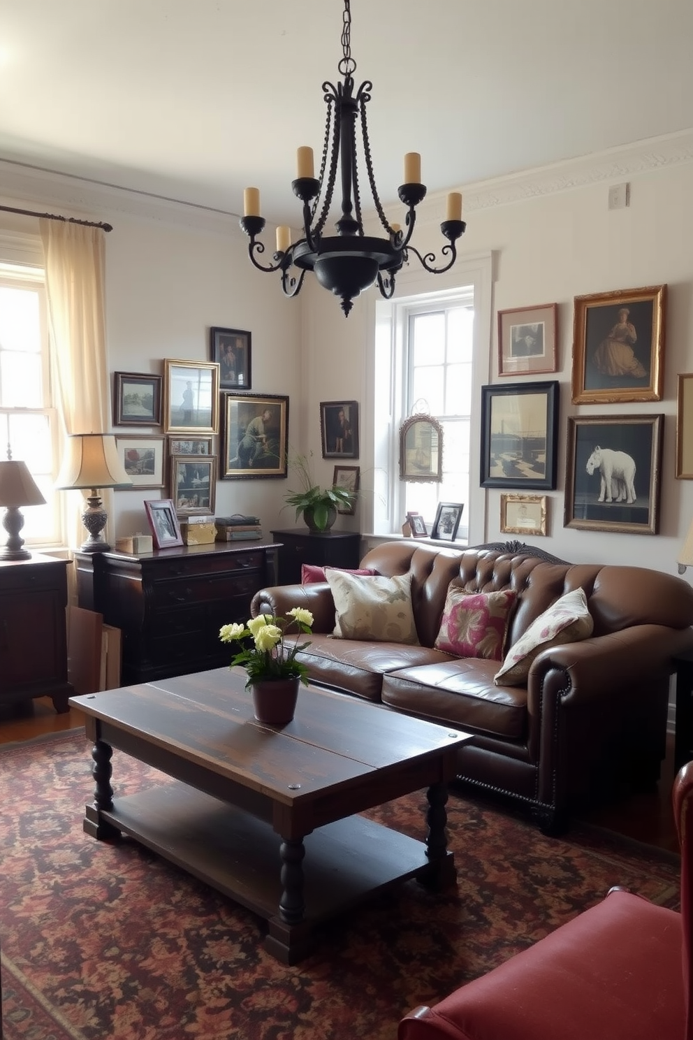 A vintage living room filled with character and charm. The space features a mix of antique furniture, including a distressed leather sofa and a rustic wooden coffee table. Soft lighting from a vintage chandelier casts a warm glow across the room. A patterned area rug anchors the seating area, while framed artwork adorns the walls, showcasing eclectic styles.