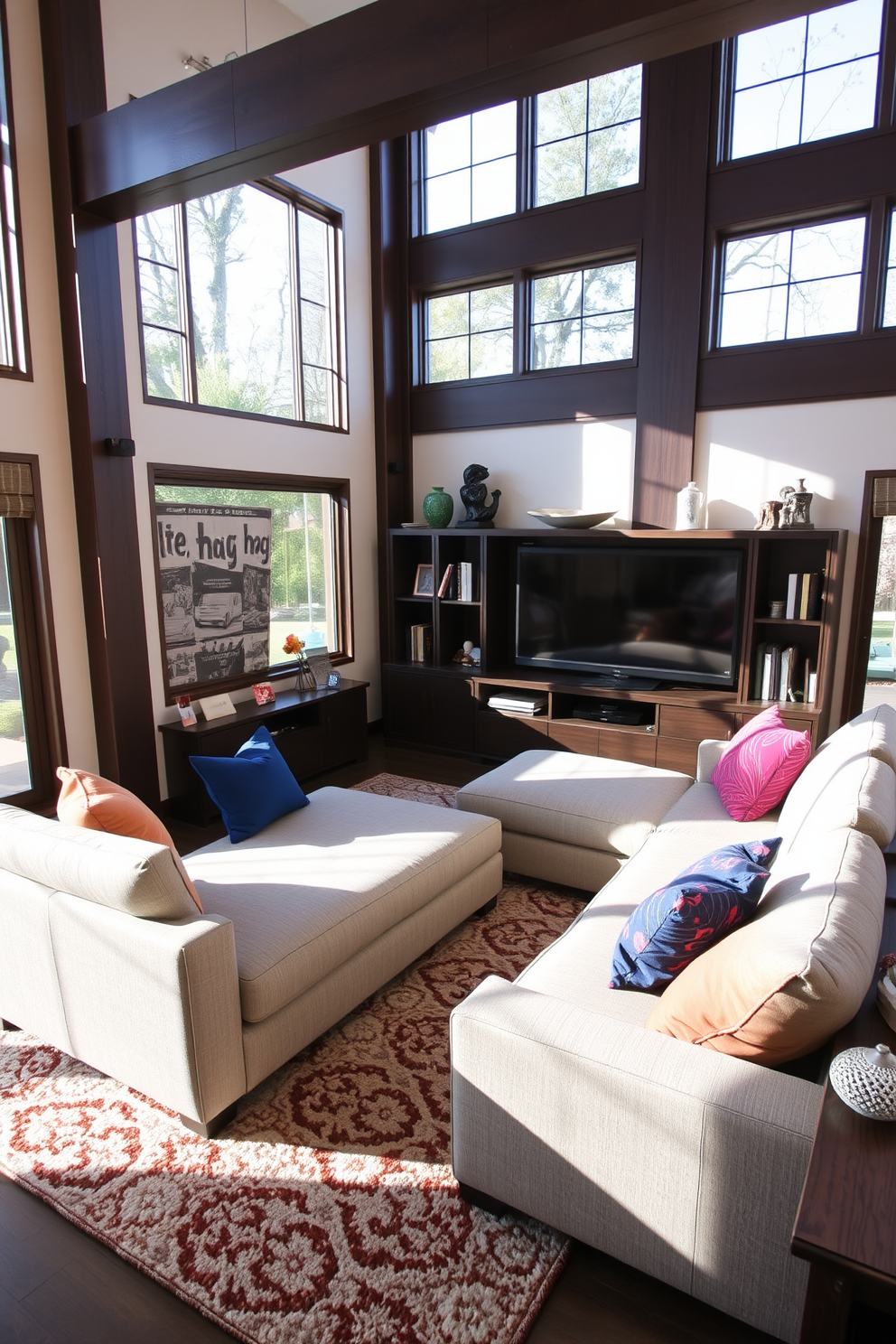 An inviting L-shaped sofa in a soft gray fabric is positioned to face a sleek entertainment center made of dark wood. The room features a cozy area rug underfoot, and large windows allow natural light to fill the space, enhancing the warm atmosphere. The entertainment center is adorned with decorative items and books, creating a personalized touch. Accent pillows in vibrant colors are scattered across the sofa, adding a pop of personality to the overall design.