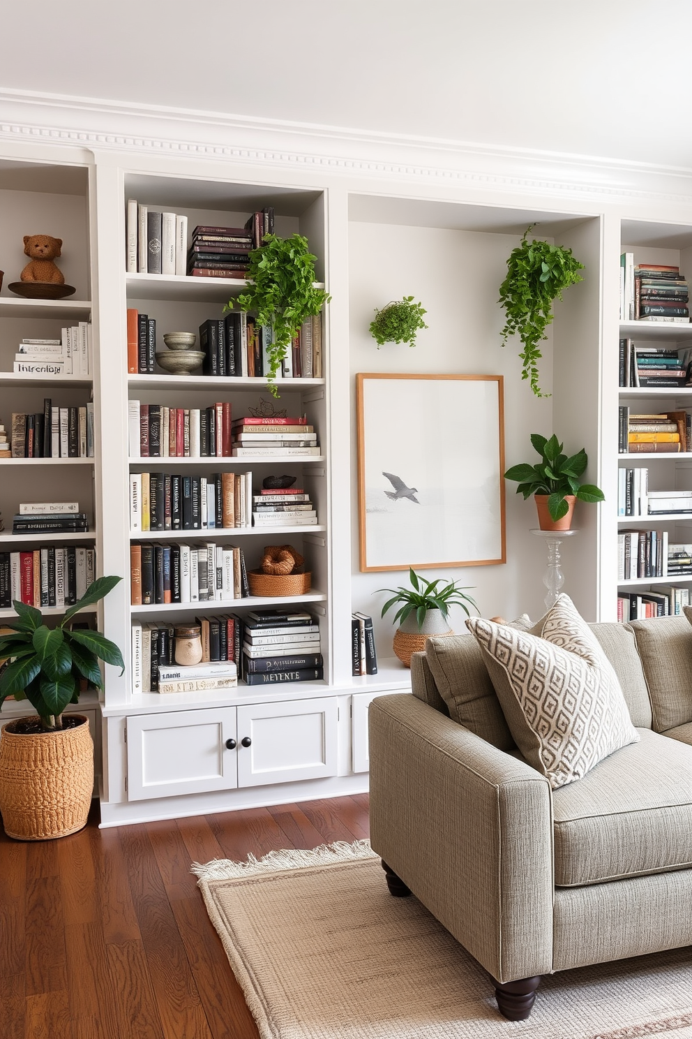 A cozy rectangle living room features built-in shelving that provides organized storage. The shelves are filled with books, decorative items, and plants, creating a stylish focal point in the space.