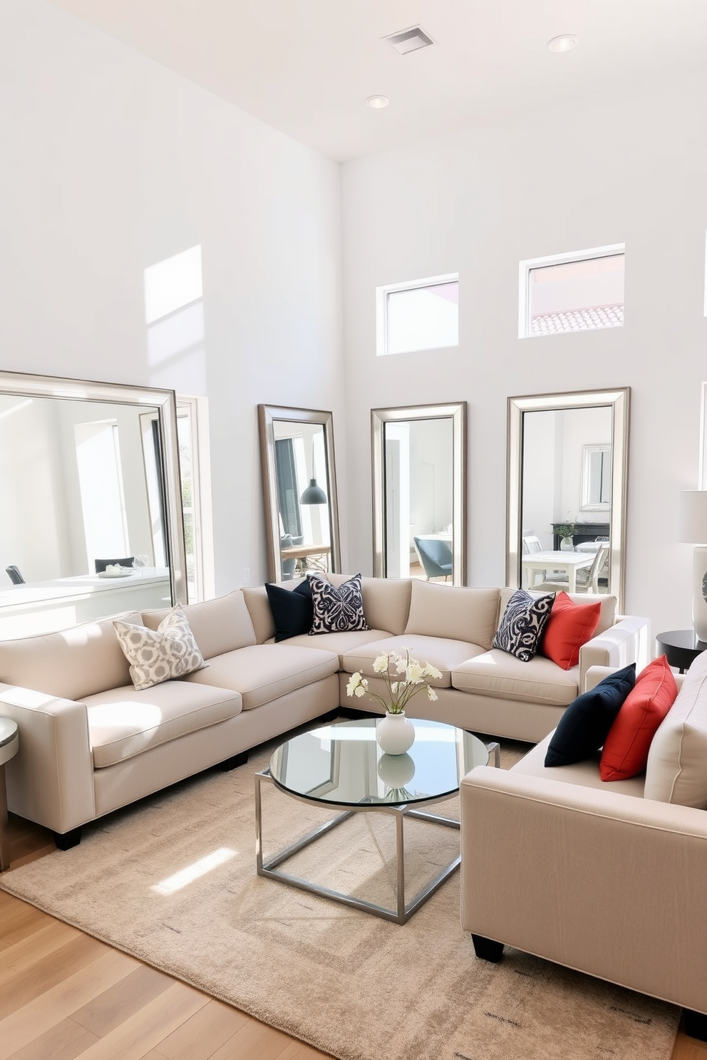 A bright and airy living room featuring large rectangular mirrors strategically placed to reflect natural light and create a sense of openness. The space is adorned with a plush sectional sofa in a soft neutral tone, complemented by a stylish coffee table and vibrant accent pillows. The walls are painted in a light color to enhance the brightness, while a contemporary area rug adds warmth and texture to the floor. Large windows allow ample sunlight to flood the room, creating a welcoming and inviting atmosphere.