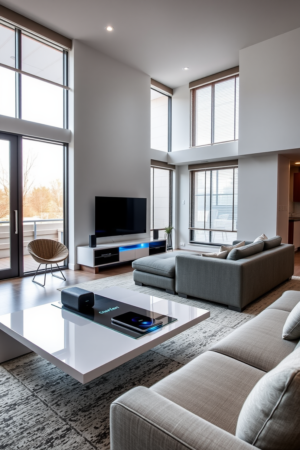 A modern living room featuring smart technology integration for convenience. The space includes a sleek coffee table with built-in wireless charging pads and smart speakers seamlessly integrated into the decor. The walls are adorned with large windows that allow natural light to flood in, complemented by automated blinds. A comfortable sectional sofa is positioned around a minimalist entertainment unit with a smart TV and ambient lighting controls.