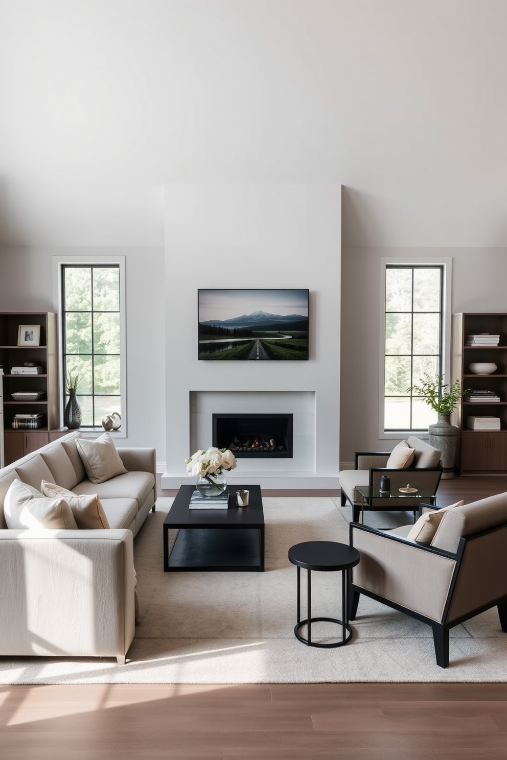 A sleek fireplace serves as the focal point of the living room, framed by elegant built-in shelving on either side. The seating arrangement features a modern sectional sofa in neutral tones, complemented by a stylish coffee table and accent chairs that invite conversation. Large windows allow natural light to flood the space, highlighting the minimalist decor and a soft area rug that ties the room together. The walls are painted in a soft gray, providing a contemporary backdrop for carefully curated artwork and decorative elements.