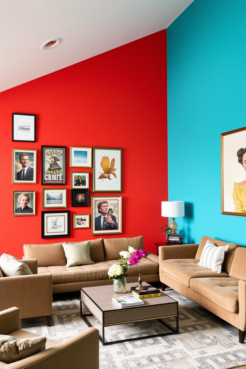 Bright accent wall featuring a vibrant color that draws the eye. A carefully curated display of artwork in various frames adds personality and style to the space. Rectangle living room design with a spacious layout that encourages conversation. Plush seating arrangements and a stylish coffee table create a welcoming atmosphere for gatherings.