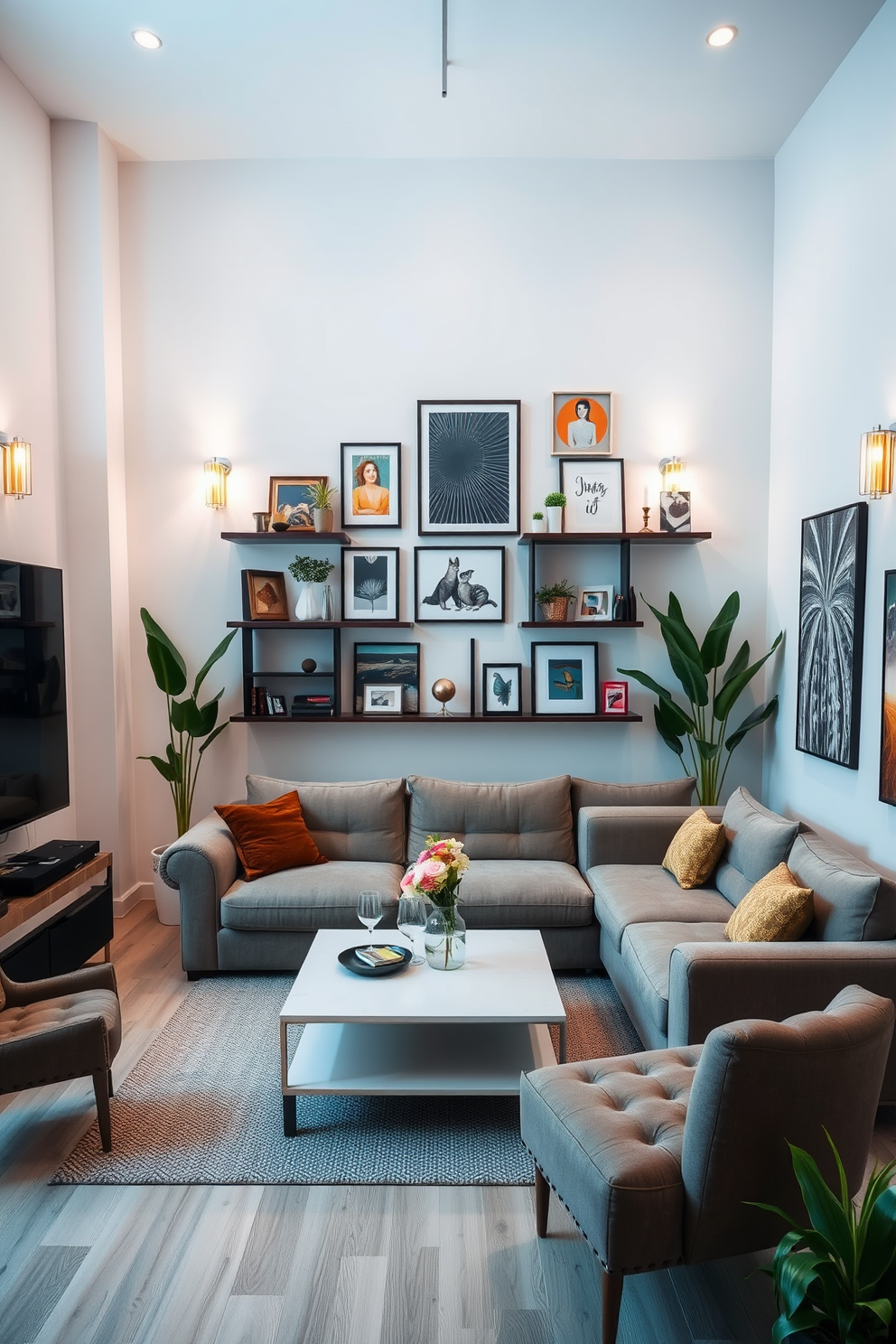 A modern living room that creatively utilizes vertical space through decor. The walls are adorned with a mix of shelves and artwork that draw the eye upward, enhancing the sense of height and openness. In the center of the room, a plush sectional sofa faces a sleek coffee table. Tall plants are positioned in the corners, and decorative wall-mounted lighting provides a warm ambiance.