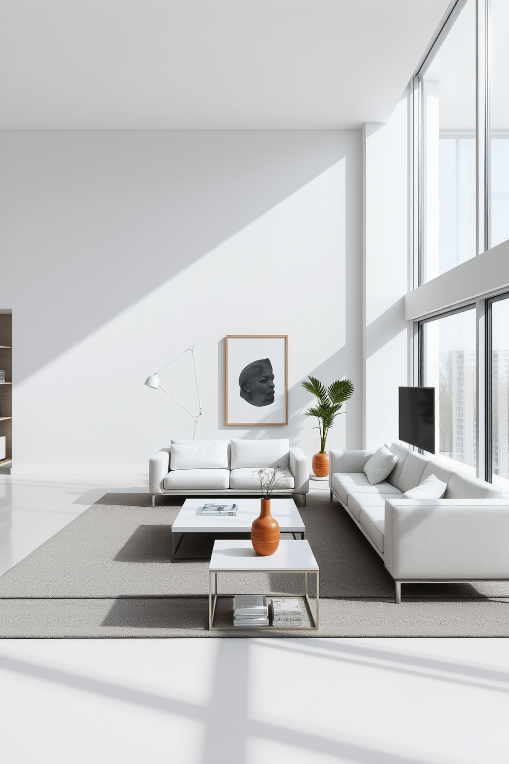 A minimalist living room featuring sleek furniture with clean lines and a neutral color palette. The space is designed to promote an open feel, with a low-profile sofa and a simple coffee table positioned in the center. Large windows allow natural light to flood the room, enhancing the airy atmosphere. A few carefully selected decorative elements, such as a single plant and a minimalist artwork, add a touch of personality without cluttering the space.