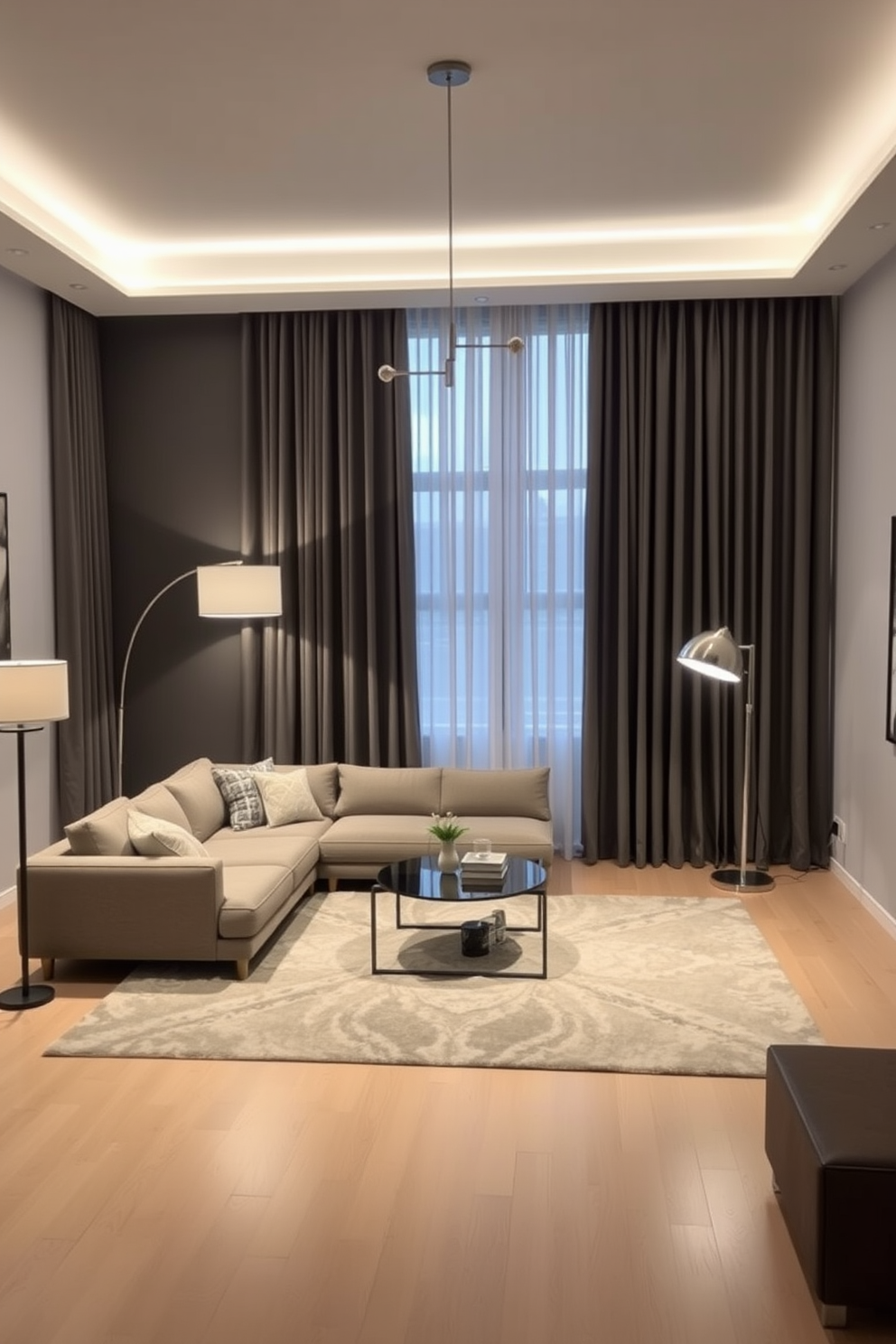 A modern rectangle living room with layered lighting that includes stylish floor lamps. The space features a plush sectional sofa in a neutral tone, complemented by a large area rug that adds warmth and texture to the room.