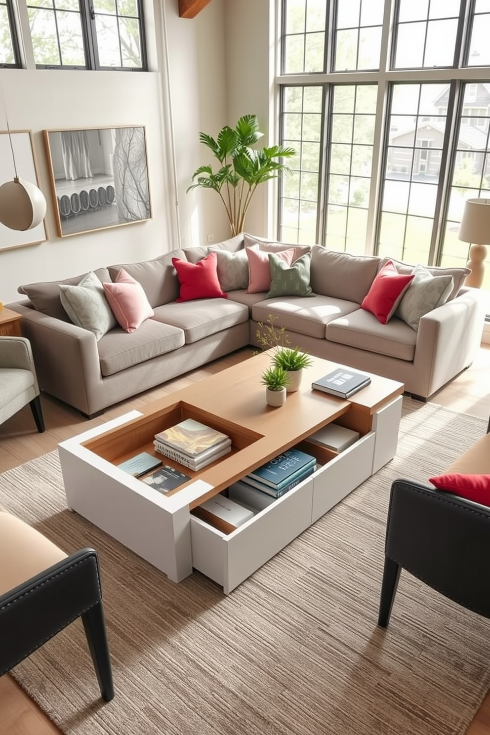 A multi-functional coffee table sits at the center of the living room, featuring a sleek design with hidden storage compartments. Surrounding the table are a plush sectional sofa and stylish accent chairs, creating a cozy yet functional space for relaxation and entertainment. The room is adorned with soft neutral tones, complemented by vibrant throw pillows and a textured area rug. Large windows allow natural light to flood the space, enhancing the inviting atmosphere and showcasing decorative elements such as books and plants on the coffee table.