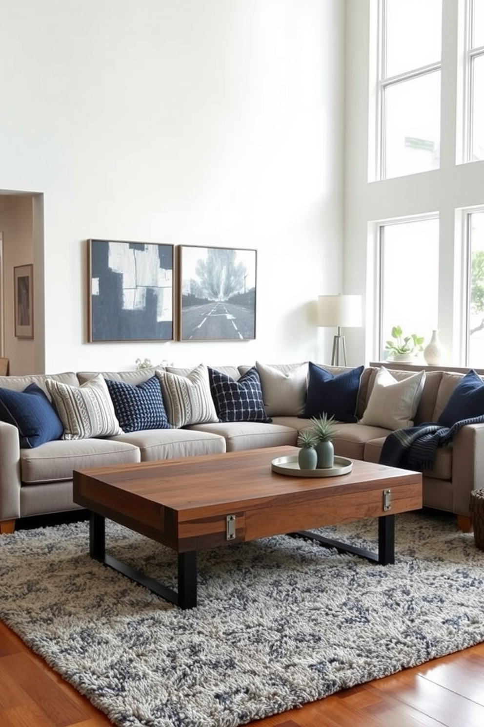 Textured throw pillows in various shades of blue and gray are scattered across a plush sectional sofa, adding depth and comfort to the space. The living room features a modern coffee table made of reclaimed wood, surrounded by a soft area rug that ties the color palette together. The walls are adorned with abstract art pieces that complement the overall design aesthetic. Large windows allow natural light to flood the room, creating an inviting atmosphere perfect for relaxation and gatherings.