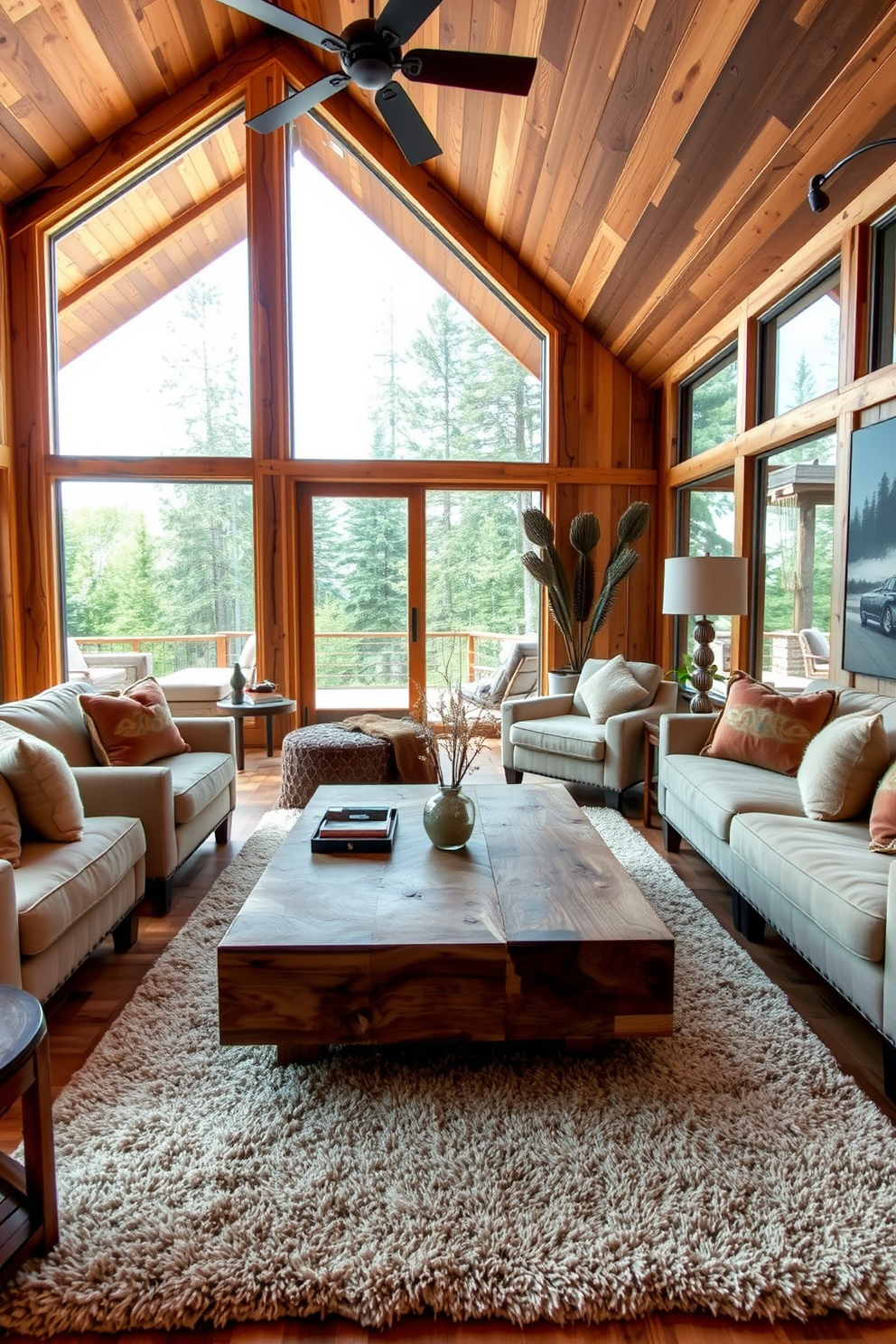 A cozy living room featuring natural wood elements that create a warm and inviting atmosphere. The design includes a large rectangular coffee table made of reclaimed wood, surrounded by plush seating in neutral tones. Large windows allow natural light to flood the space, highlighting the wood's rich textures. A soft area rug anchors the seating arrangement, adding comfort and style to the room.