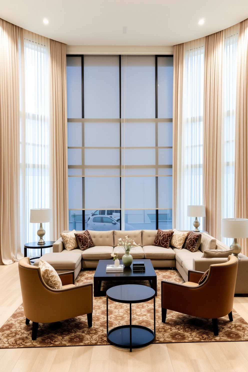 Large window treatments that elegantly frame a spacious living room. The design features soft, flowing drapes in a neutral color palette, allowing for optimal light control while adding a touch of sophistication. The rectangle living room is arranged with a plush sectional sofa and a contemporary coffee table at its center. Accent chairs in complementary tones are positioned to create a welcoming conversation area, enhancing the overall aesthetic of the space.