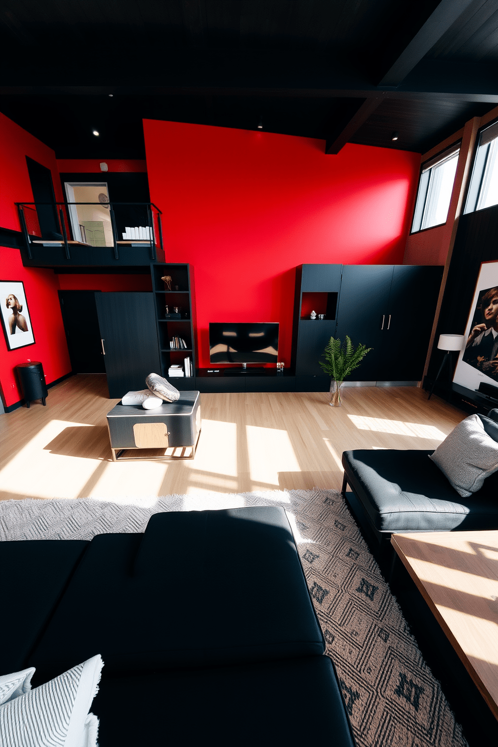 A bold red accent wall dominates the living room, creating a striking focal point that energizes the space. Complementing the vibrant wall are sleek black furniture pieces and warm wooden accents that add depth and sophistication. The apartment design features an open-concept layout that maximizes natural light, enhancing the overall ambiance. Cozy textiles and modern art pieces bring a touch of personality and comfort to the contemporary setting.