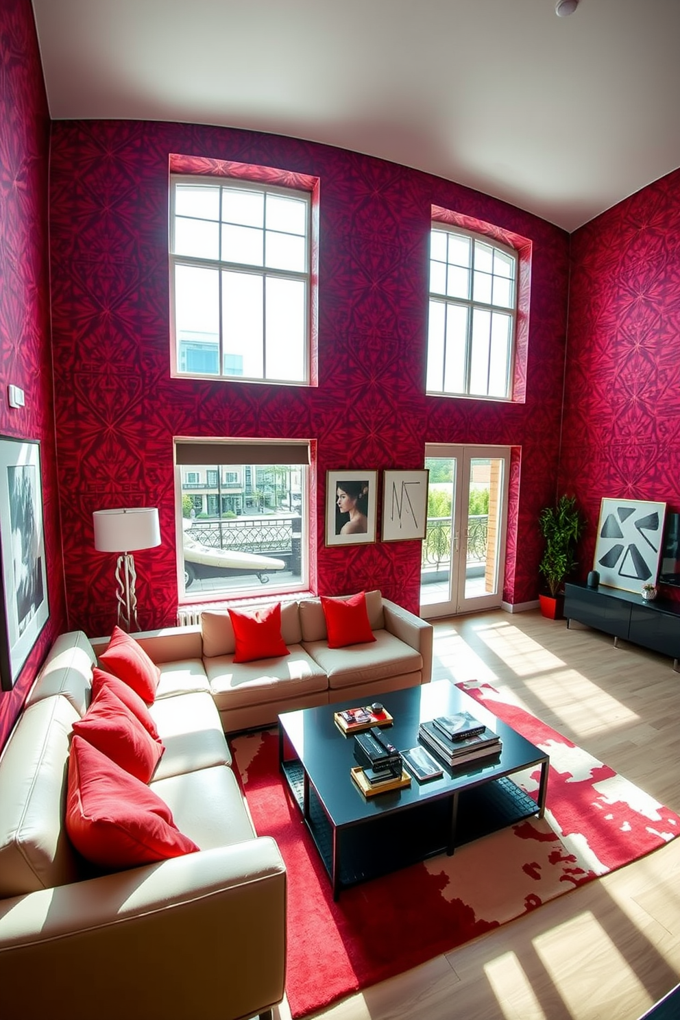 A stunning apartment interior featuring red wallpaper adorned with geometric patterns that create a bold and modern atmosphere. The space is illuminated by natural light streaming through large windows, highlighting the vibrant hues and intricate designs. The living area includes a sleek sectional sofa in neutral tones, complemented by vibrant throw pillows that echo the red wallpaper. A stylish coffee table sits in the center, surrounded by contemporary art pieces that enhance the overall aesthetic.