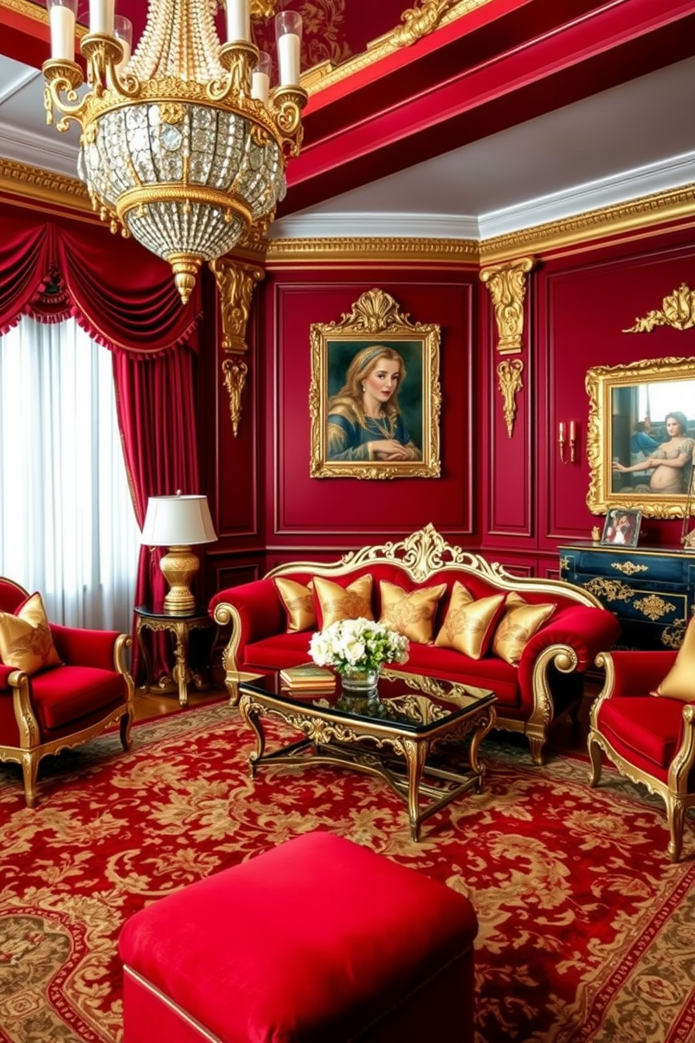 A luxurious living room featuring red and gold decor elements. The walls are painted in a deep crimson hue, while elegant gold accents adorn the furniture and accessories. A plush red sofa with intricate gold detailing is the centerpiece of the room. Complementing this are golden throw pillows and a lavish area rug with a rich pattern that ties the space together.