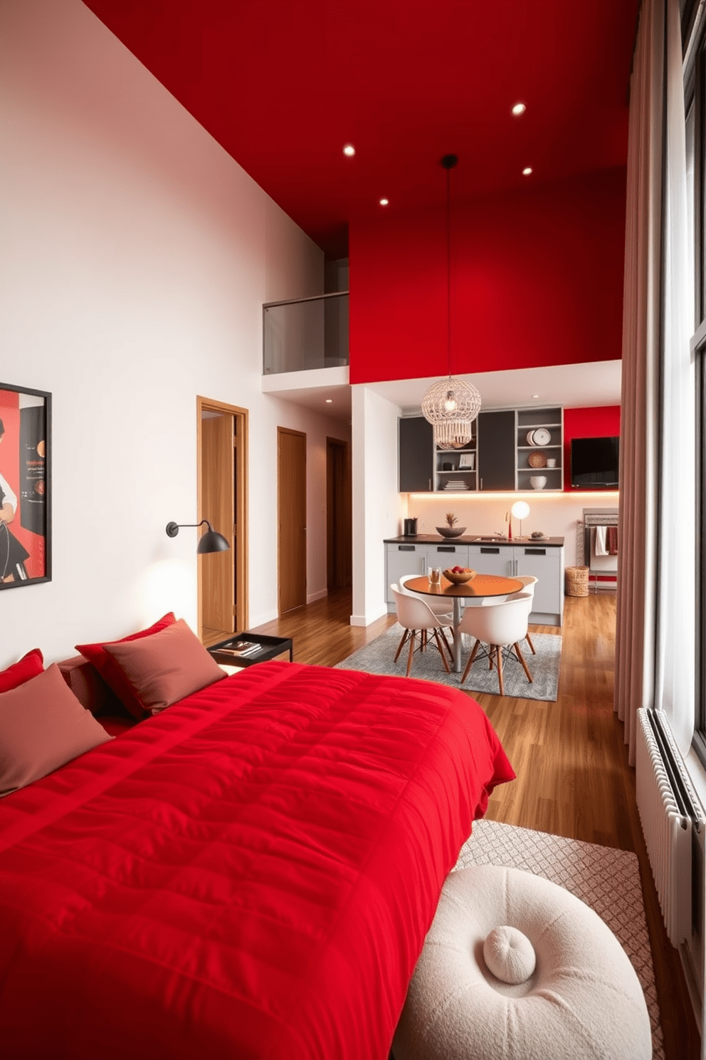 A cozy bedroom featuring a red bedspread that adds warmth and vibrancy to the space. The room is adorned with soft lighting and plush pillows that enhance the inviting atmosphere. A modern apartment design showcasing a bold red accent wall that creates a striking focal point. The open layout includes stylish furniture and decor elements that harmonize with the red theme, promoting a lively yet sophisticated ambiance.