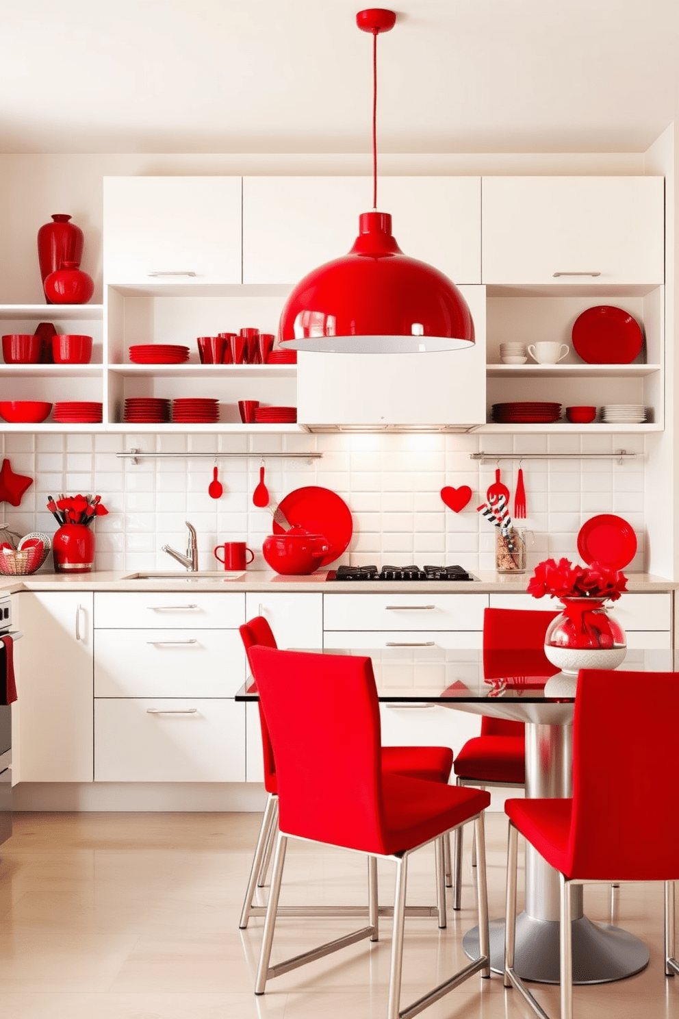 A vibrant kitchen setting featuring red accents through various accessories. The cabinets are a sleek white, contrasting beautifully with red utensils, dishware, and decorative items displayed on open shelves. The dining area includes a modern table surrounded by chairs upholstered in a bold red fabric. A striking red pendant light hangs above the table, creating a warm and inviting atmosphere.