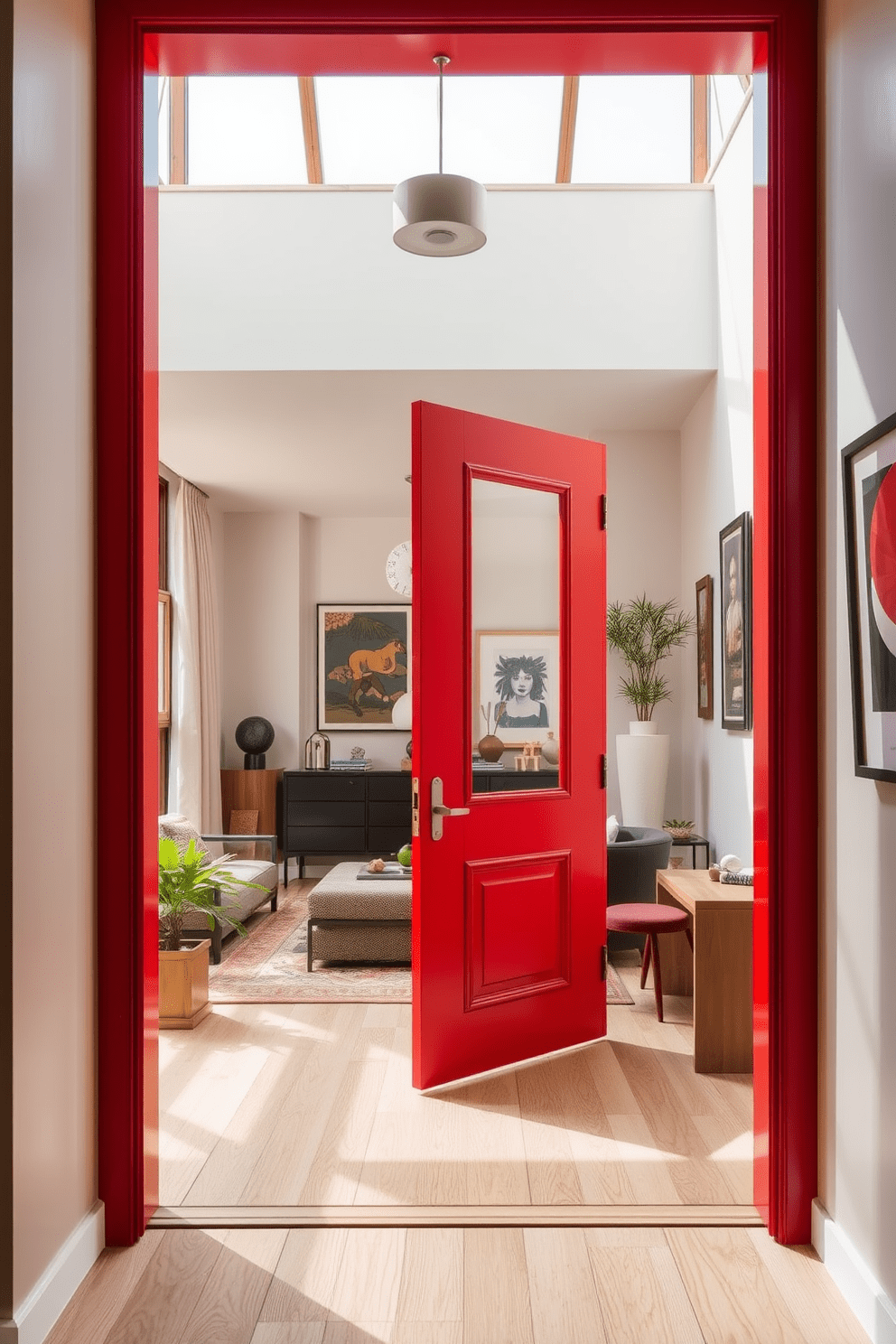 A striking red door serves as a bold entrance to the apartment, creating an immediate focal point that draws attention. The surrounding walls are painted in a soft neutral tone to enhance the vibrancy of the door while maintaining a welcoming atmosphere. Inside the apartment, the design features a blend of modern and vintage elements, with sleek furniture and unique decor pieces. Large windows allow natural light to flood the space, highlighting the rich textures and colors throughout the interior.