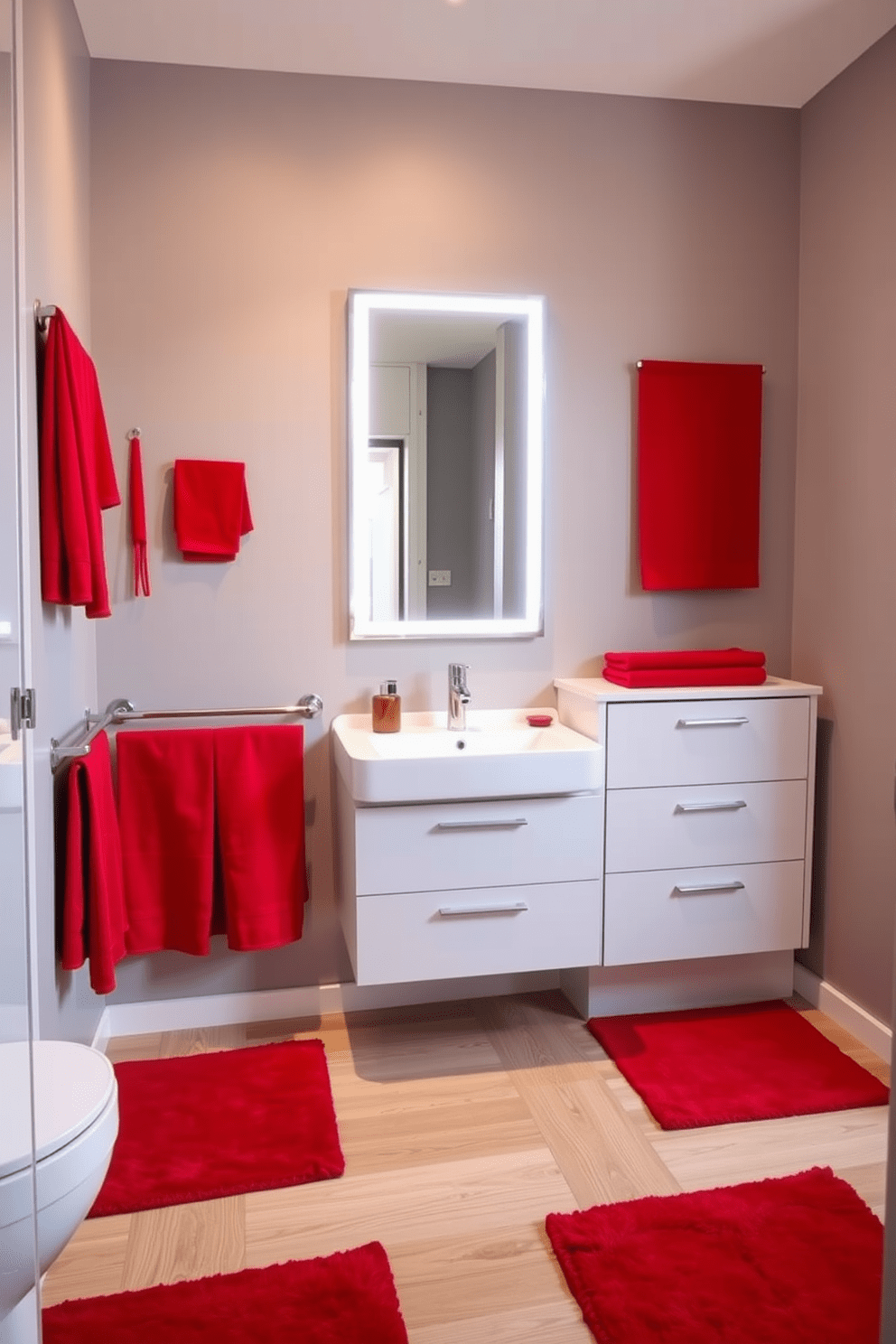 A modern apartment bathroom featuring deep red towels and mats that add a pop of color to the space. The walls are painted in a soft gray tone, complementing the red accents while a sleek white vanity holds a stylish sink. Large rectangular mirrors with minimalist frames reflect the vibrant colors and enhance the overall brightness of the room. The flooring consists of light wood tiles, providing a warm contrast to the bold red elements.