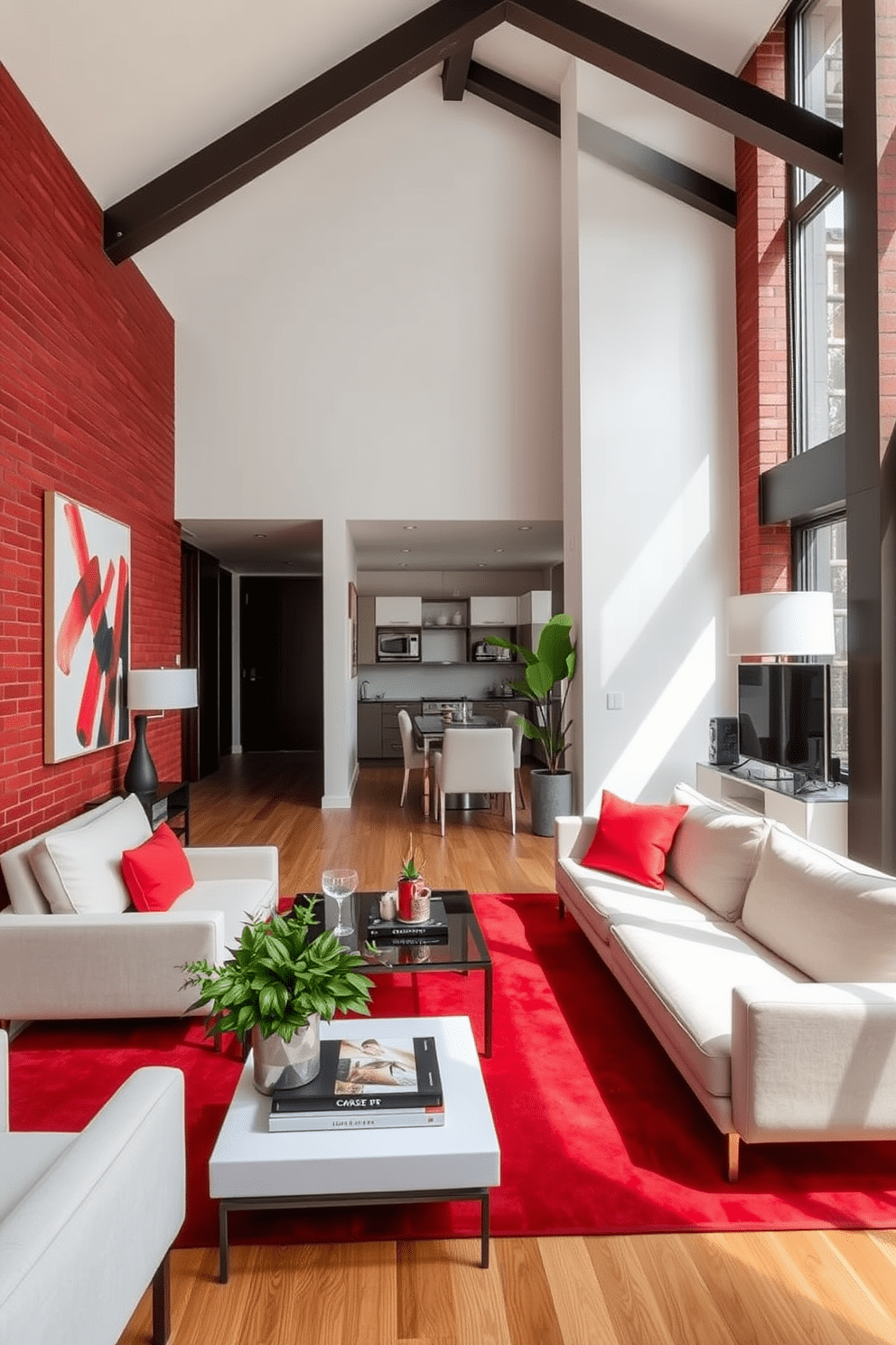 A striking accent wall features a rich red brick finish that adds warmth and texture to the space. Complementing the wall are sleek modern furnishings in neutral tones that create a stylish contrast. The open layout of the apartment maximizes natural light, highlighting the vibrant red accents throughout. Thoughtful decor choices, such as abstract art and lush greenery, enhance the overall aesthetic and create a welcoming atmosphere.