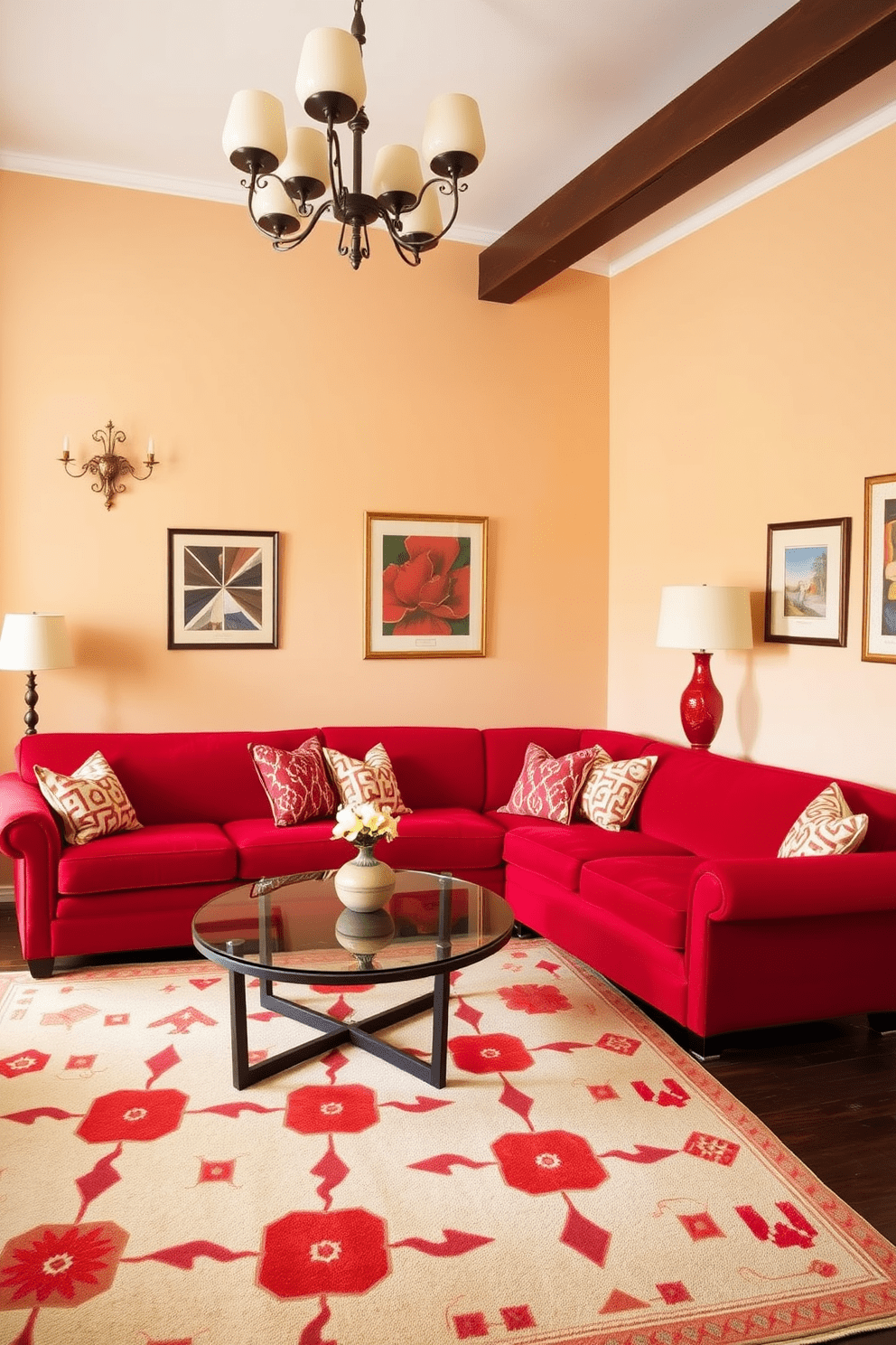 A vibrant living room featuring vintage red furniture that exudes a retro vibe. The space is adorned with a plush red sofa, complemented by patterned throw pillows and a round coffee table with a glass top. The walls are painted in a soft cream color to enhance the warmth of the red accents. A classic area rug with geometric patterns anchors the seating area, while stylish lighting fixtures add a touch of elegance.