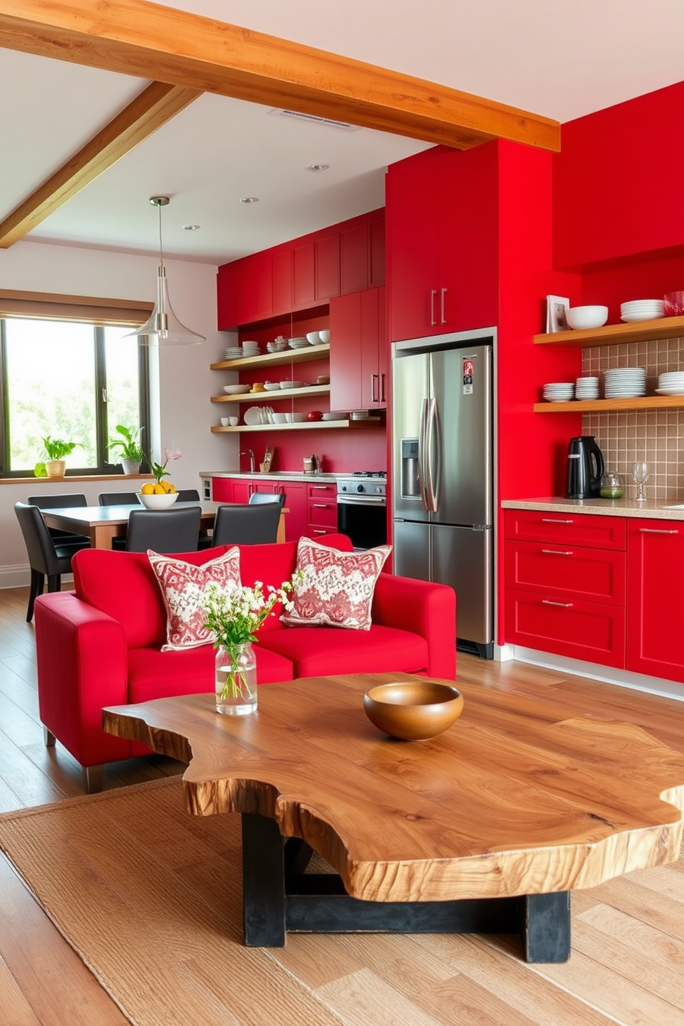 A vibrant apartment featuring a harmonious blend of red accents and natural wood elements. The living area showcases a striking red sofa paired with a reclaimed wood coffee table, creating a warm and inviting atmosphere. The kitchen boasts red cabinetry complemented by wooden shelves that display stylish dishware. Large windows allow natural light to flood the space, highlighting the rich textures of both the red and wood finishes.