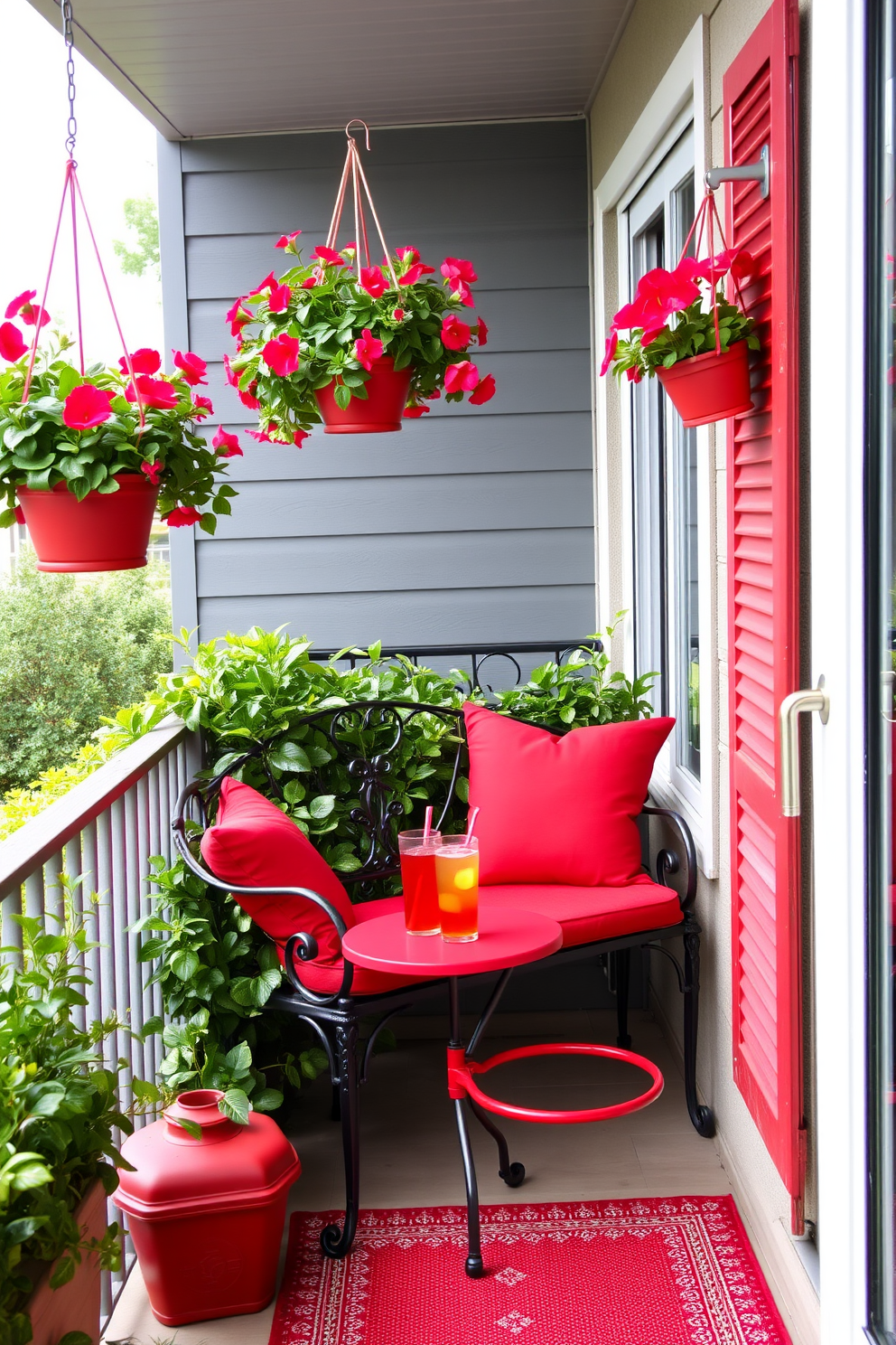 A vibrant outdoor balcony setting featuring red decor elements. The space includes a cozy seating area with red cushions on a stylish wrought iron bench surrounded by lush greenery. Hanging planters with bright red flowers add a pop of color to the balcony railing. A small red table holds refreshing drinks, creating an inviting atmosphere for relaxation and entertainment.