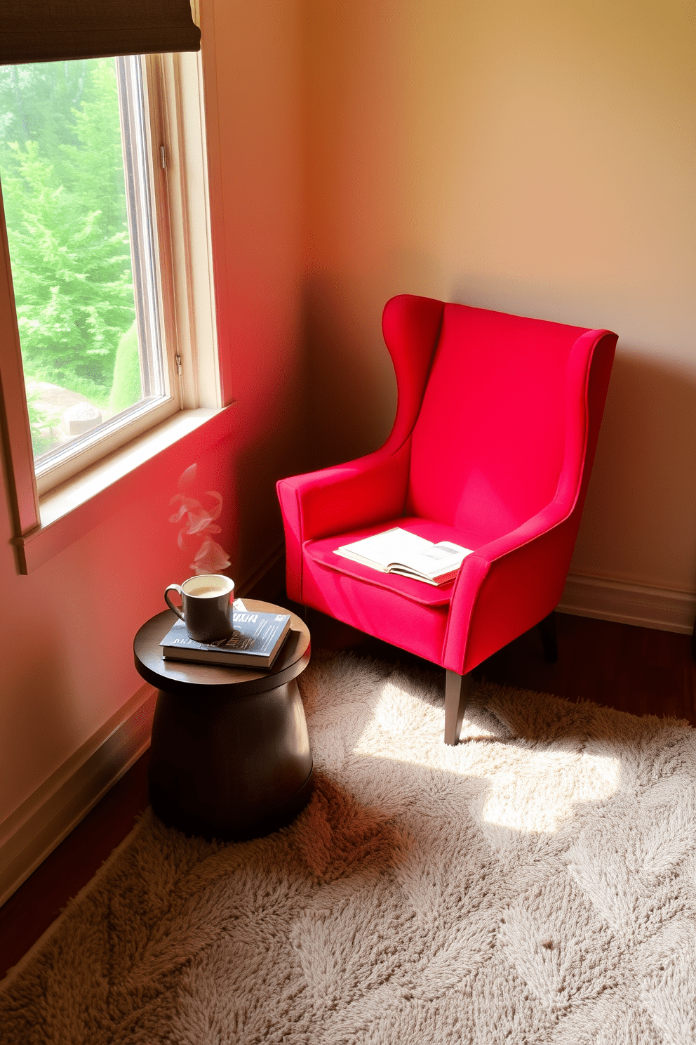 A cozy reading nook featuring a vibrant red accent chair positioned in the corner. Soft natural light filters through a nearby window, illuminating a small side table holding a stack of books and a steaming cup of tea. The walls are painted in a warm neutral tone to complement the bold red chair. A plush area rug in muted tones adds texture and comfort underfoot, creating an inviting space for relaxation.