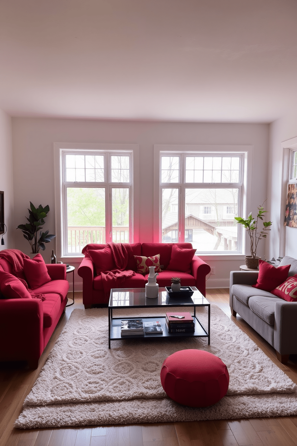 A cozy living room featuring a vibrant red sofa adorned with soft red throw blankets for added warmth. The space is complemented by a modern coffee table and large windows allowing natural light to fill the room. The walls are painted in a neutral tone to enhance the boldness of the red accents. A plush area rug in a subtle pattern anchors the seating area, creating an inviting atmosphere.